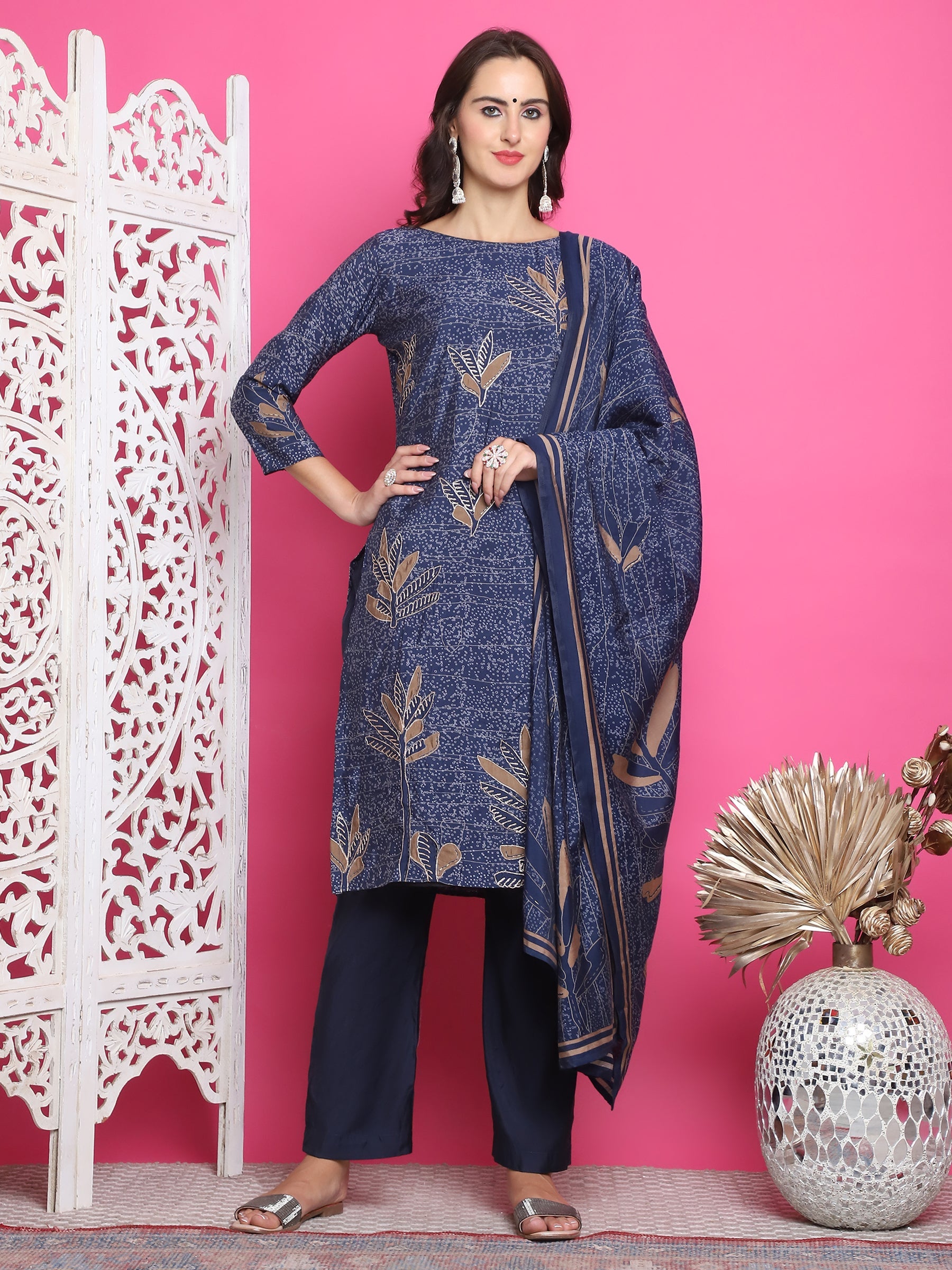 Jyoti Fashion Women's Navy Blue Muslin Floral Print with Jari & Crystal work Kurta with Trouser & Dupatta | Swadesiicart