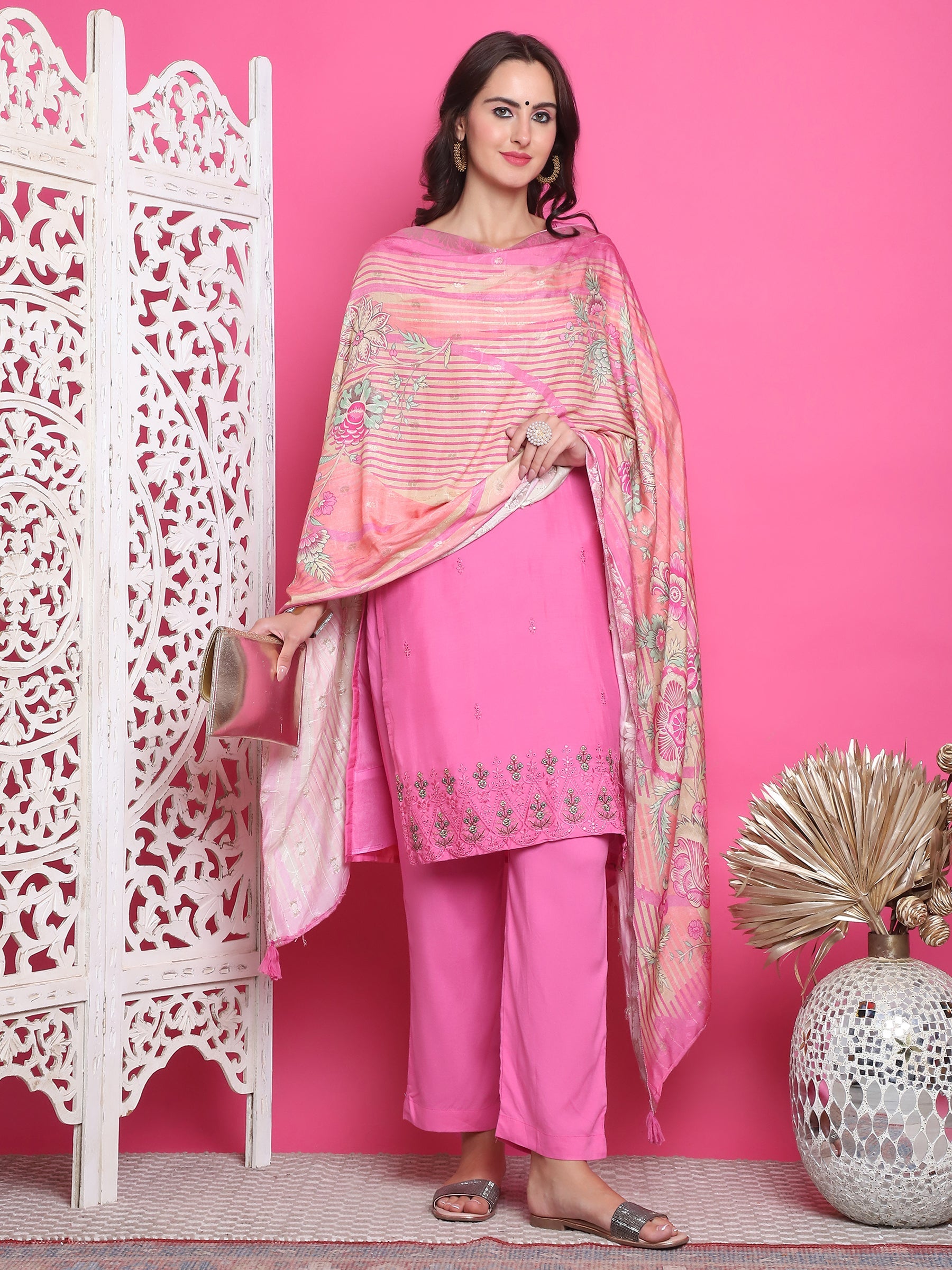 Jyoti Fashion Women's Pink Muslin Floral Resham Embroidery Kurta with Trouser & Dupatta | Swadesiicart