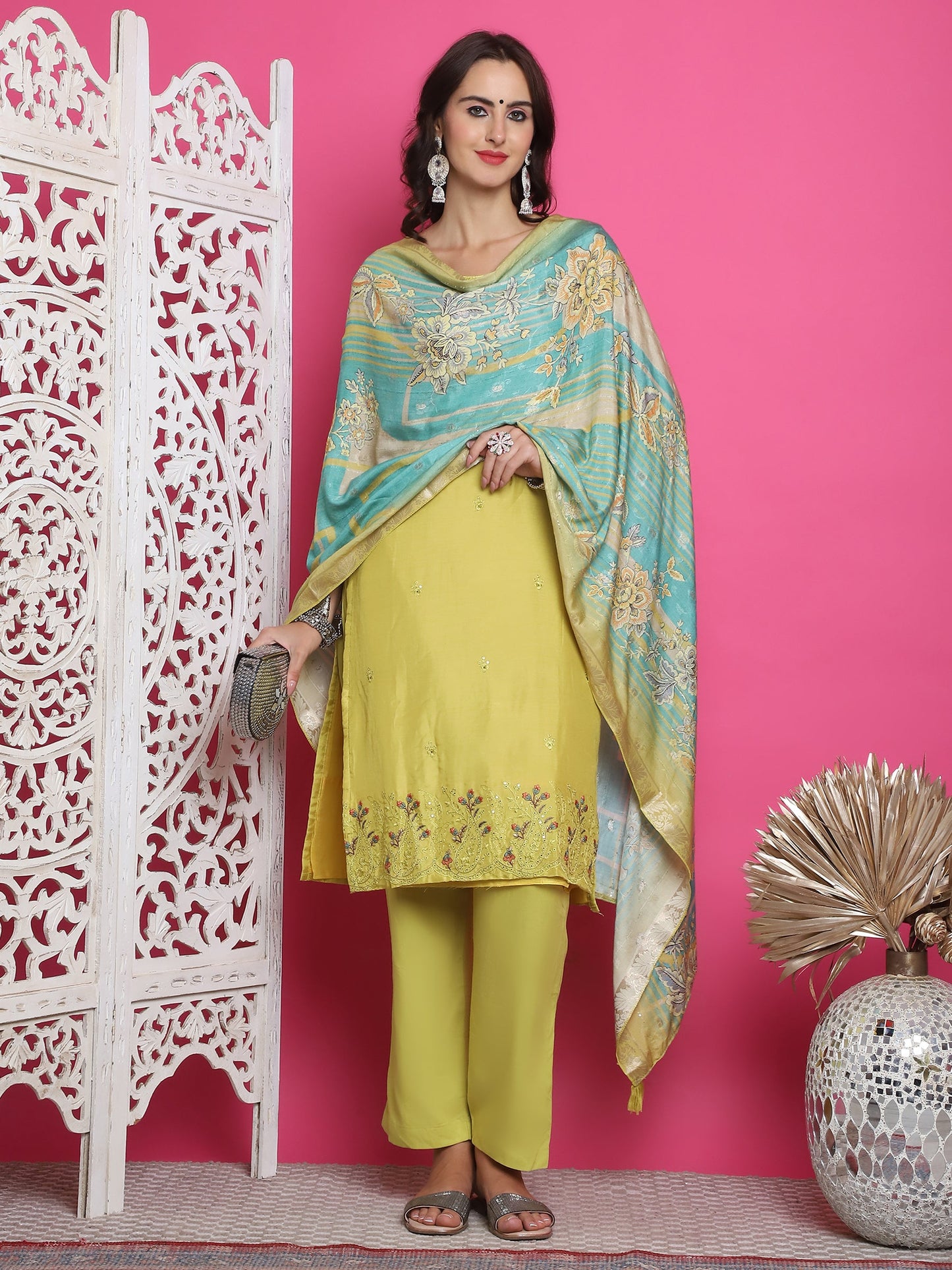 Jyoti Fashion Women's Lemon Yellow Muslin Floral Resham Embroidery Kurta with Trouser & Dupatta | Swadesiicart