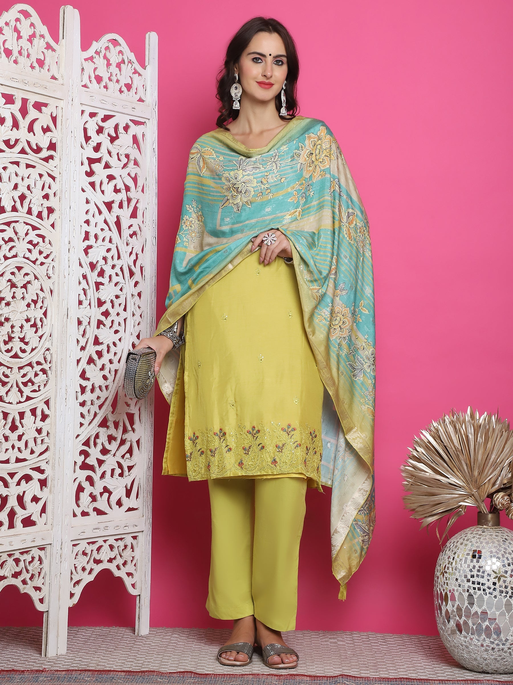 Jyoti Fashion Women's Lemon Yellow Muslin Floral Resham Embroidery Kurta with Trouser & Dupatta | Swadesiicart