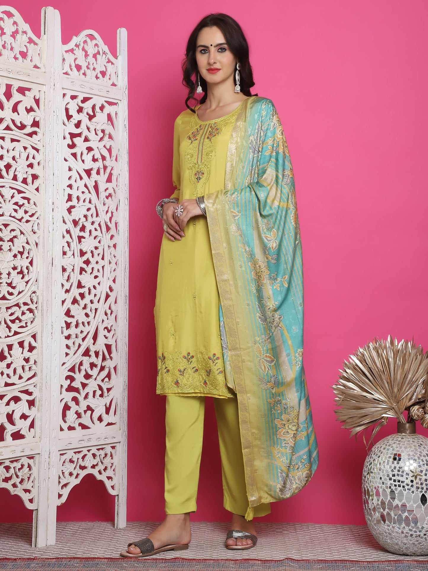 Jyoti Fashion Women's Lemon Yellow Muslin Floral Resham Embroidery Kurta with Trouser & Dupatta | Swadesiicart