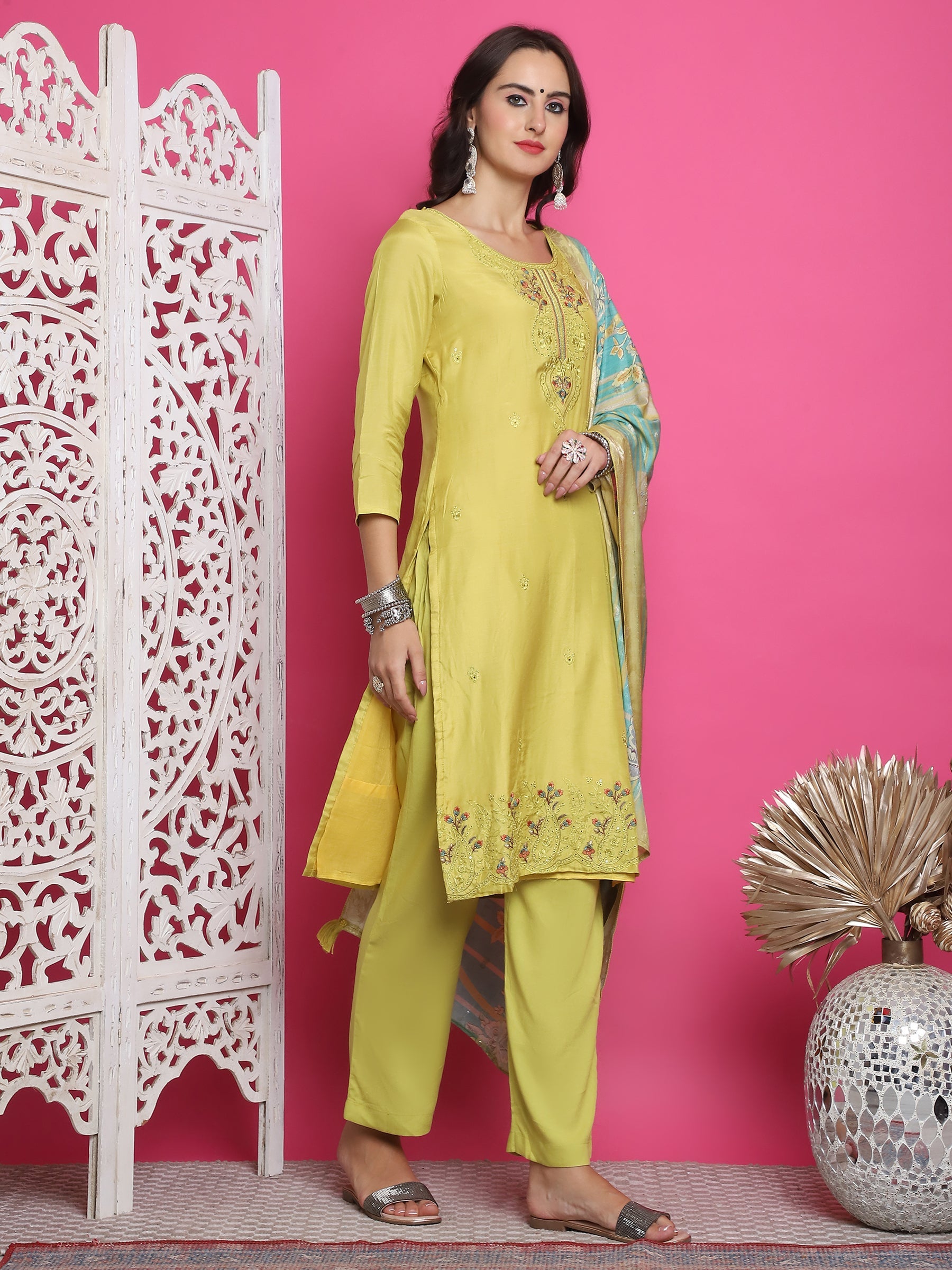 Jyoti Fashion Women's Lemon Yellow Muslin Floral Resham Embroidery Kurta with Trouser & Dupatta | Swadesiicart