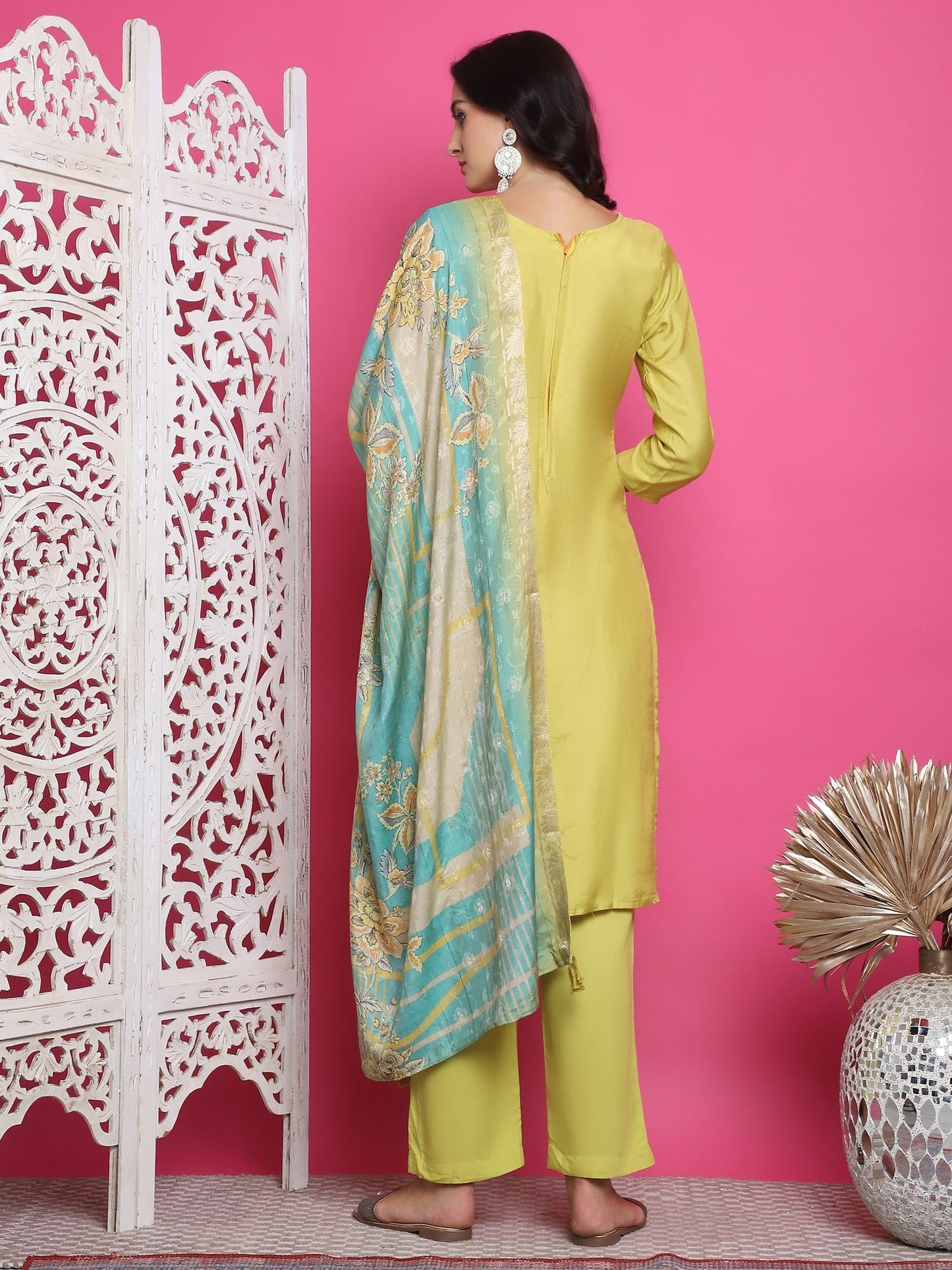 Jyoti Fashion Women's Lemon Yellow Muslin Floral Resham Embroidery Kurta with Trouser & Dupatta | Swadesiicart