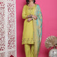 Jyoti Fashion Women's Lemon Yellow Muslin Floral Resham Embroidery Kurta with Trouser & Dupatta | Swadesiicart