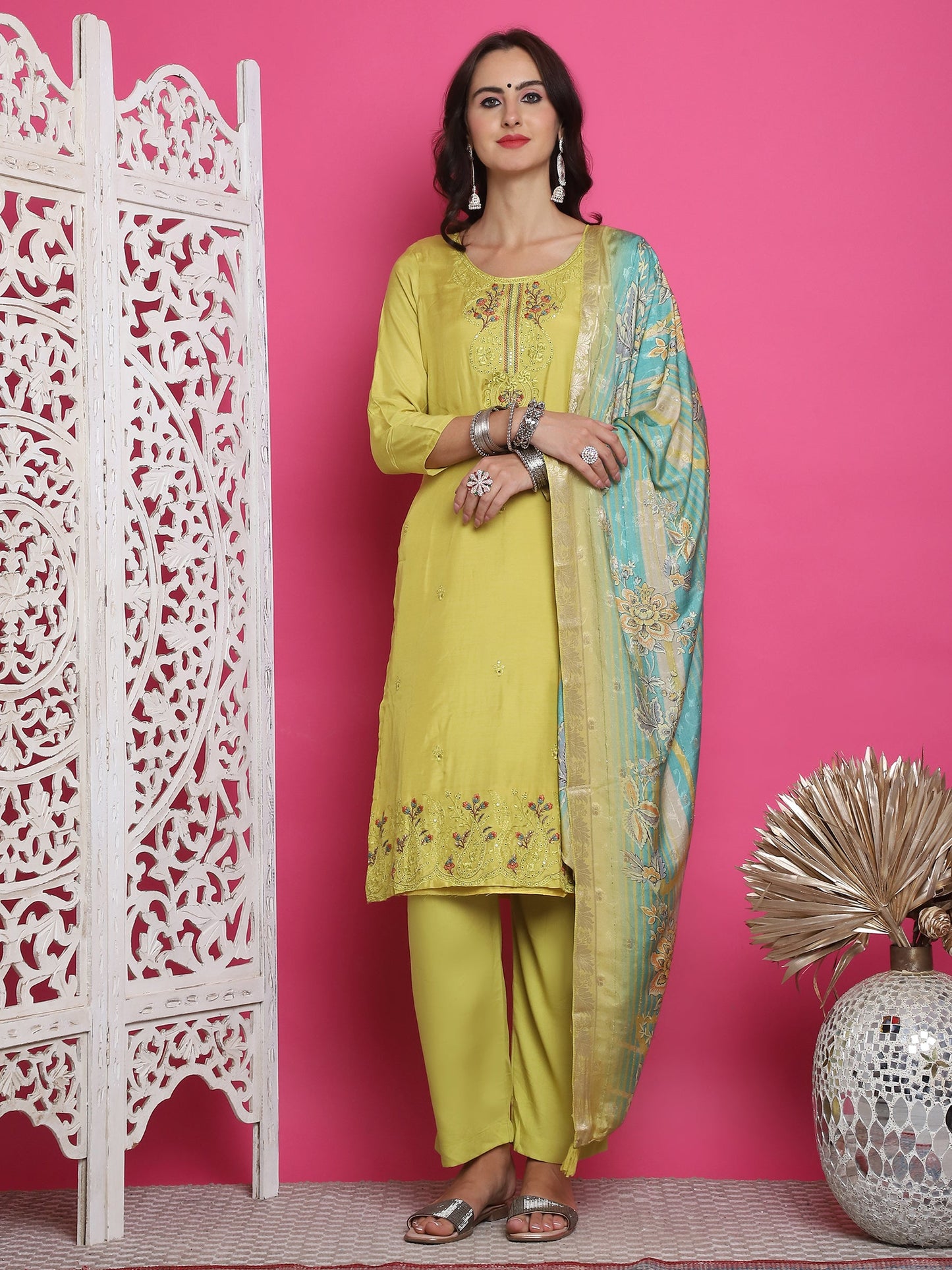 Jyoti Fashion Women's Lemon Yellow Muslin Floral Resham Embroidery Kurta with Trouser & Dupatta | Swadesiicart