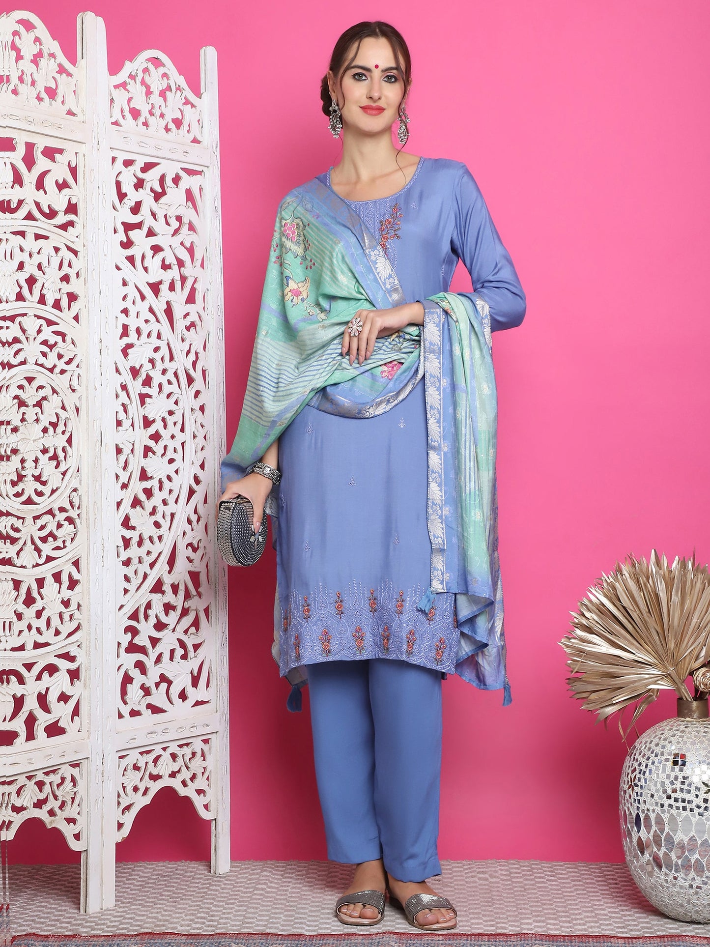 Jyoti Fashion Women's Blue Muslin Floral Resham Embroidery Kurta with Trouser & Dupatta | Swadesiicart
