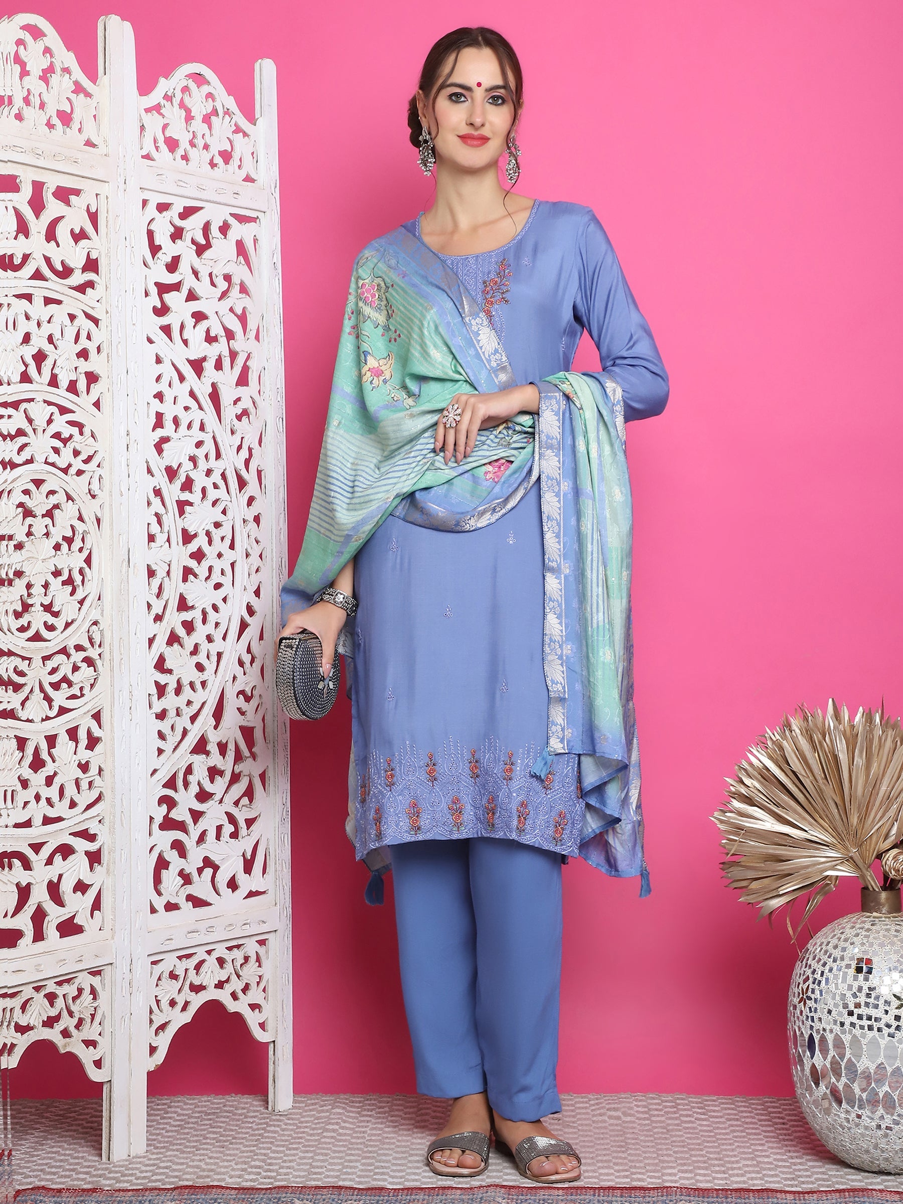Jyoti Fashion Women's Blue Muslin Floral Resham Embroidery Kurta with Trouser & Dupatta | Swadesiicart