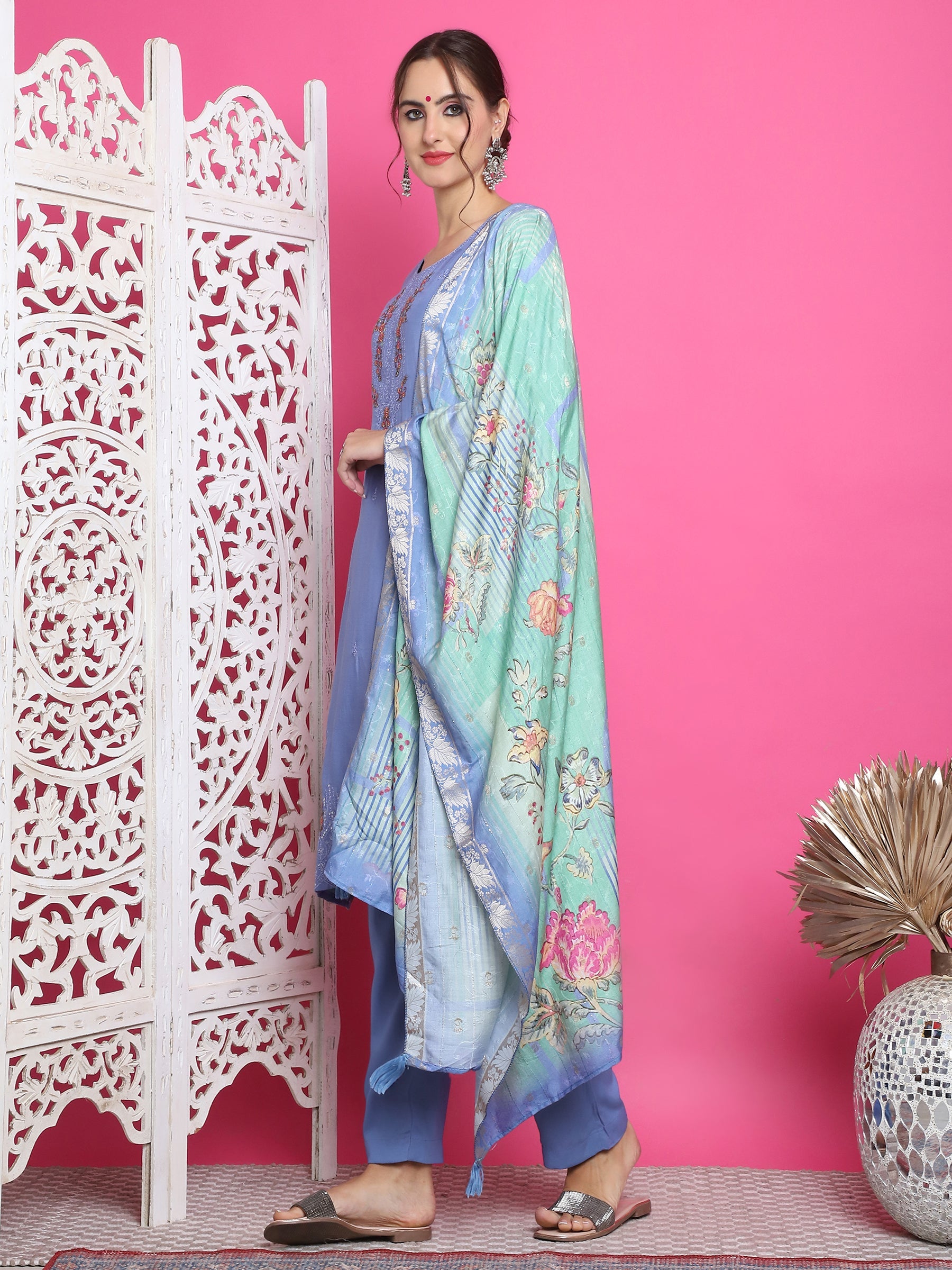 Jyoti Fashion Women's Blue Muslin Floral Resham Embroidery Kurta with Trouser & Dupatta | Swadesiicart