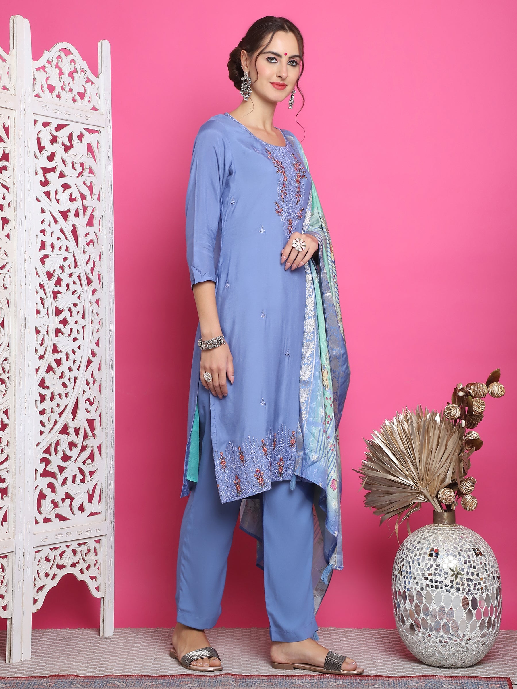 Jyoti Fashion Women's Blue Muslin Floral Resham Embroidery Kurta with Trouser & Dupatta | Swadesiicart
