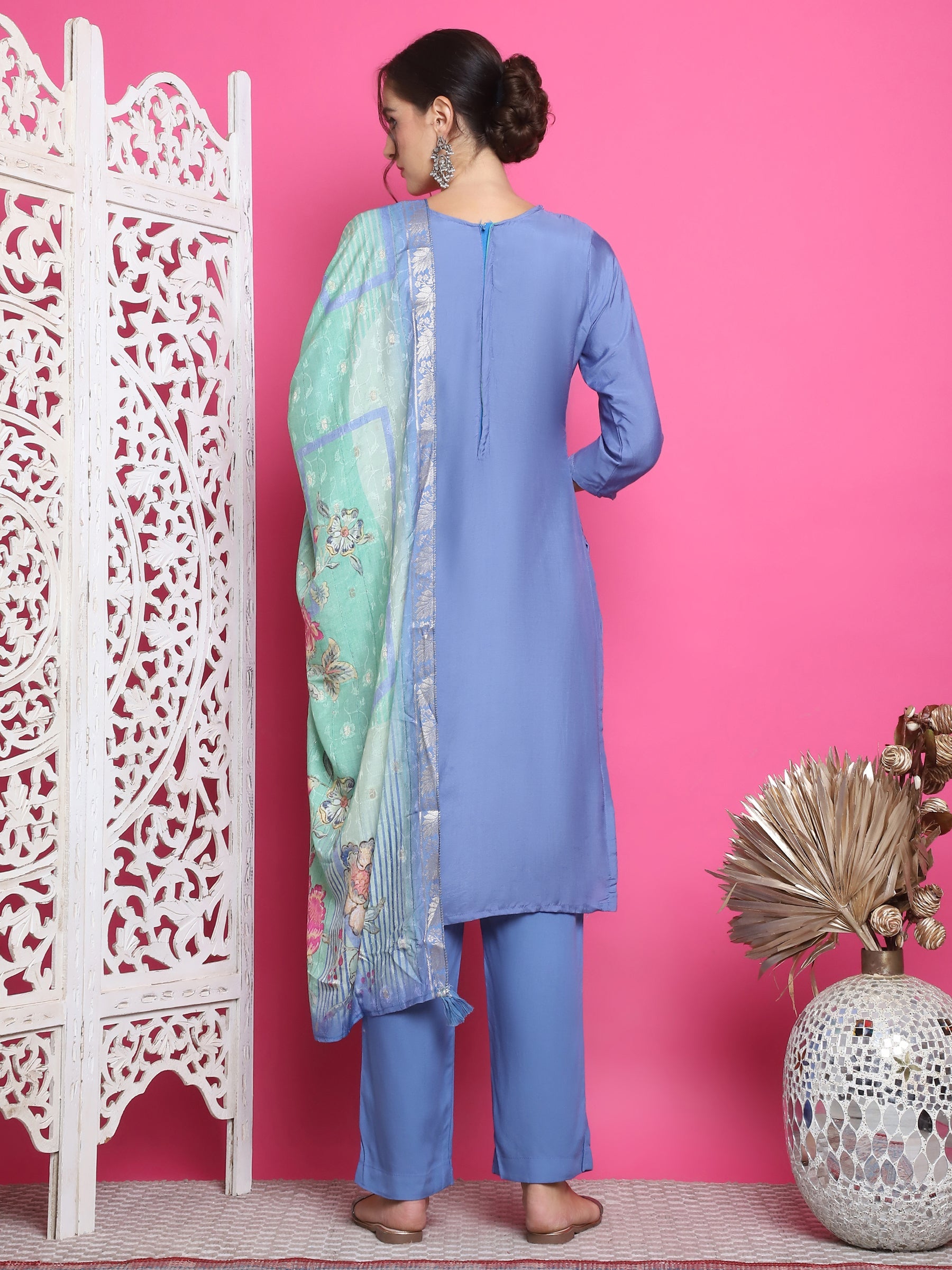 Jyoti Fashion Women's Blue Muslin Floral Resham Embroidery Kurta with Trouser & Dupatta | Swadesiicart