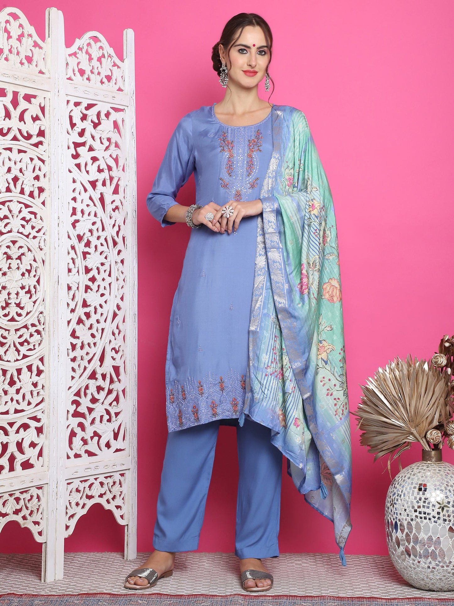 Jyoti Fashion Women's Blue Muslin Floral Resham Embroidery Kurta with Trouser & Dupatta | Swadesiicart