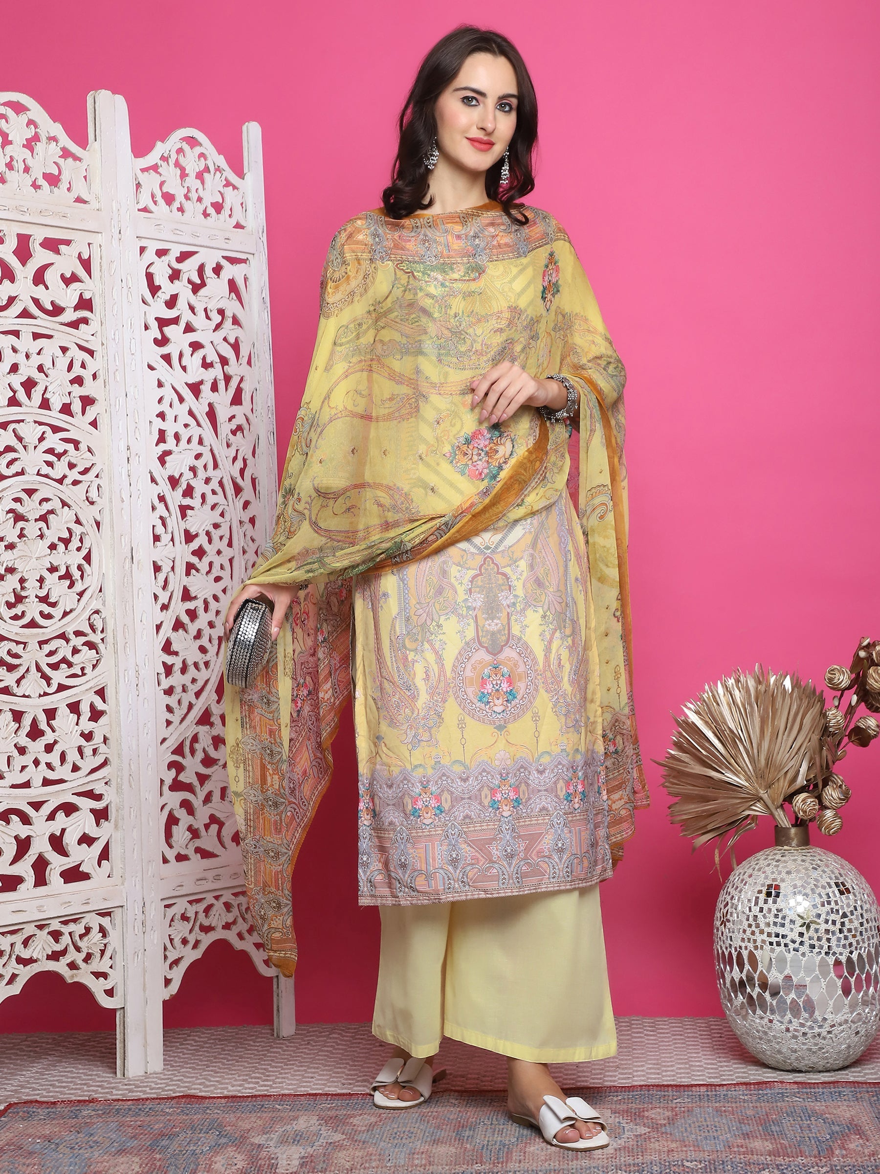 Jyoti Fashion Women's Yellow Satin Traditional Digital Print with Crystal work Kurta with Trouser & Dupatta | Swadesiicart