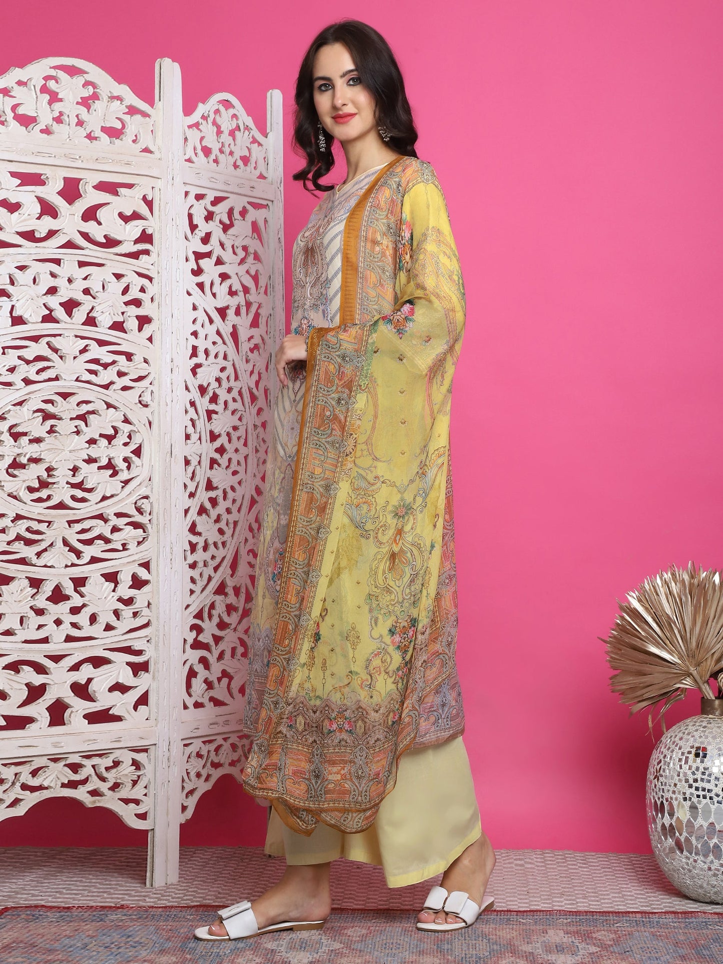 Jyoti Fashion Women's Yellow Satin Traditional Digital Print with Crystal work Kurta with Trouser & Dupatta | Swadesiicart