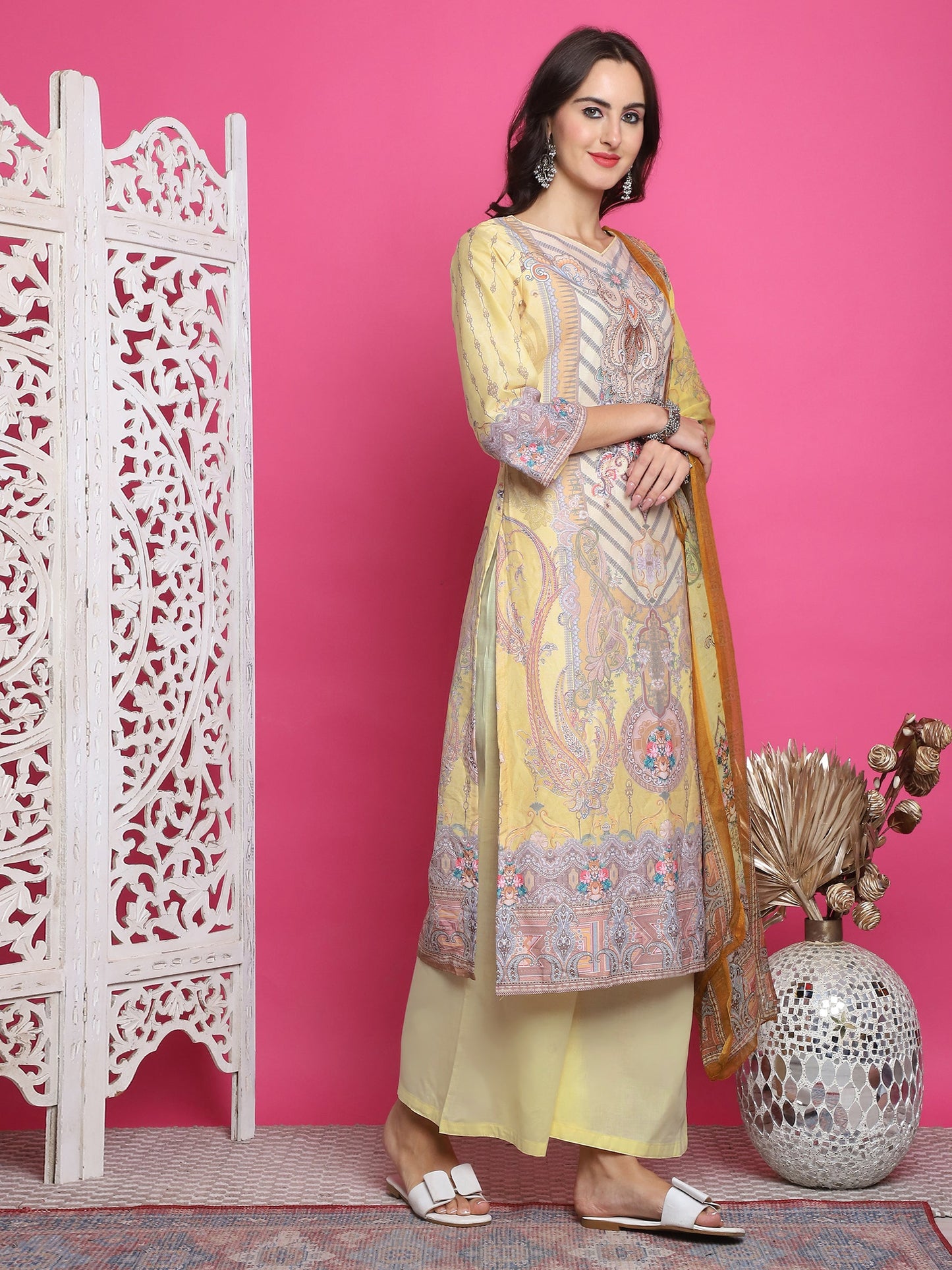 Jyoti Fashion Women's Yellow Satin Traditional Digital Print with Crystal work Kurta with Trouser & Dupatta | Swadesiicart