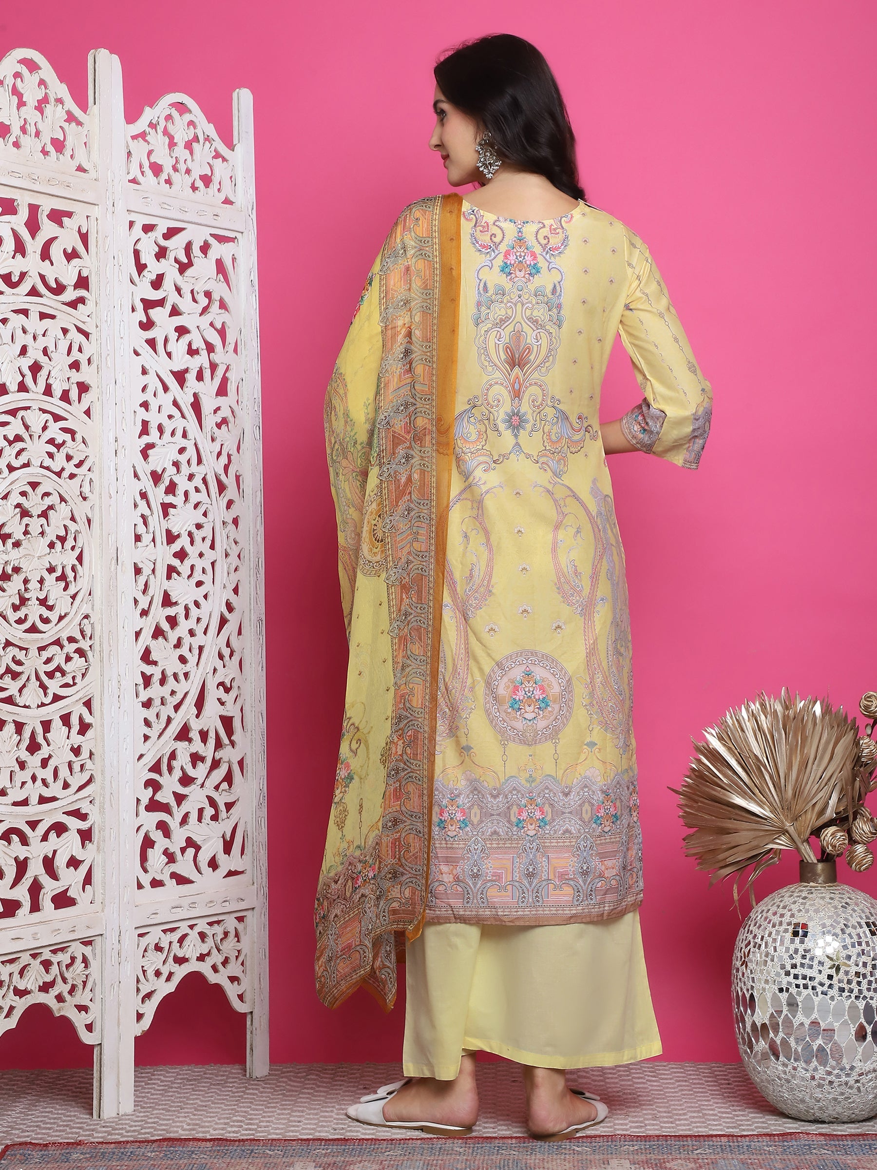 Jyoti Fashion Women's Yellow Satin Traditional Digital Print with Crystal work Kurta with Trouser & Dupatta | Swadesiicart