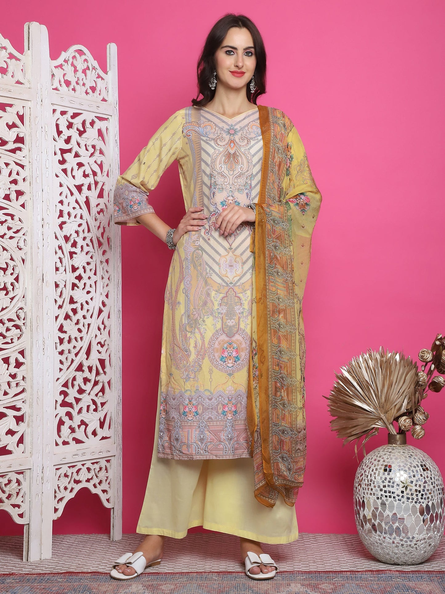 Jyoti Fashion Women's Yellow Satin Traditional Digital Print with Crystal work Kurta with Trouser & Dupatta | Swadesiicart