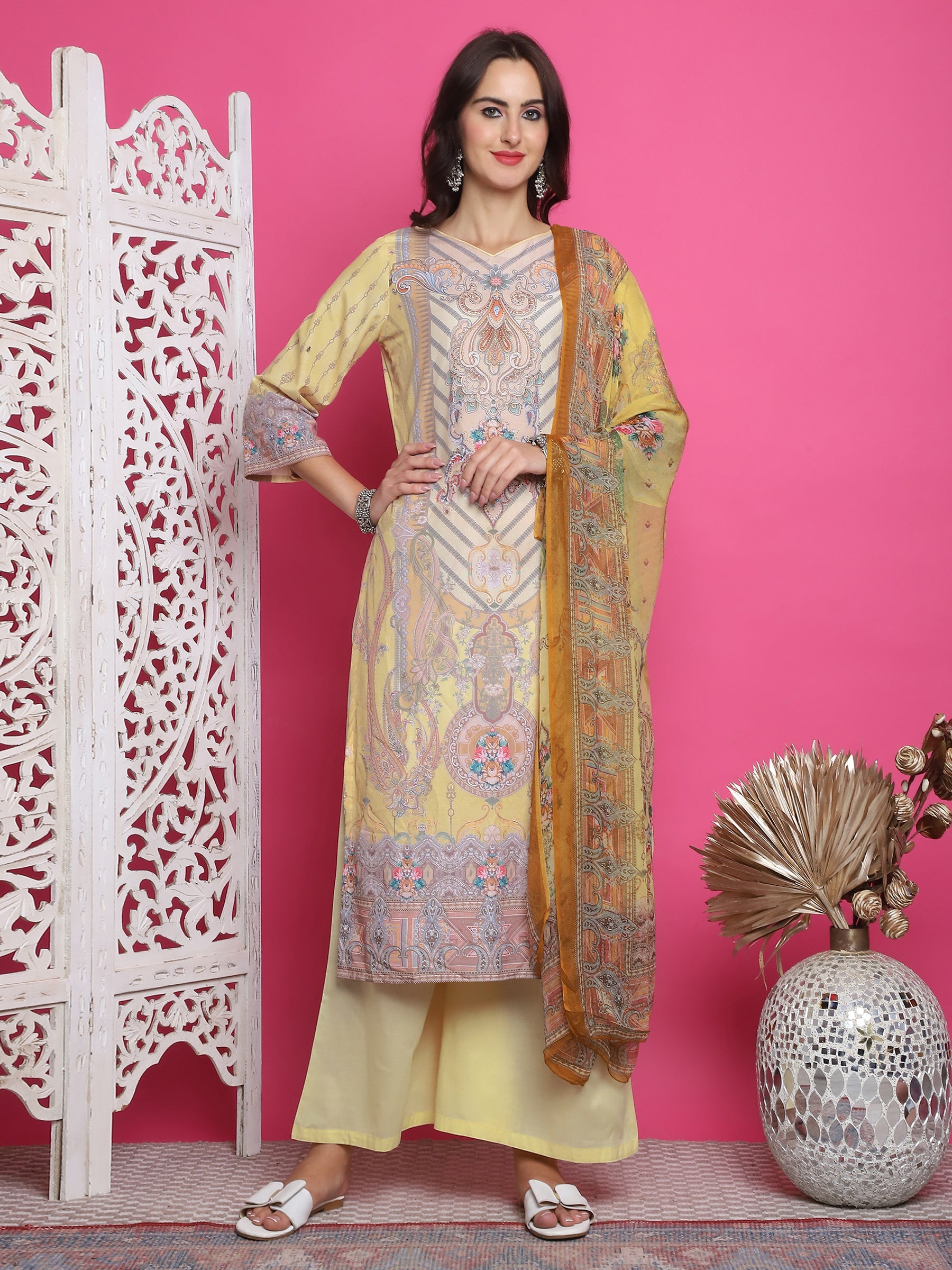 Jyoti Fashion Women's Yellow Satin Traditional Digital Print with Crystal work Kurta with Trouser & Dupatta | Swadesiicart