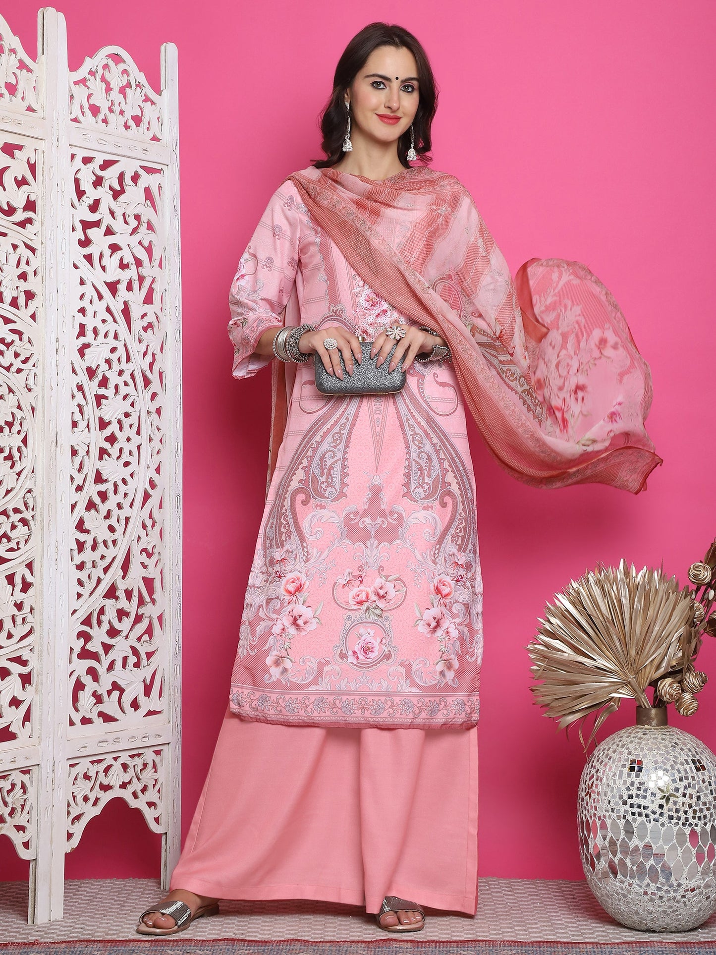 Jyoti Fashion Women's Pink Satin Traditional Digital Print with Crystal work Kurta with Trouser & Dupatta | Swadesiicart