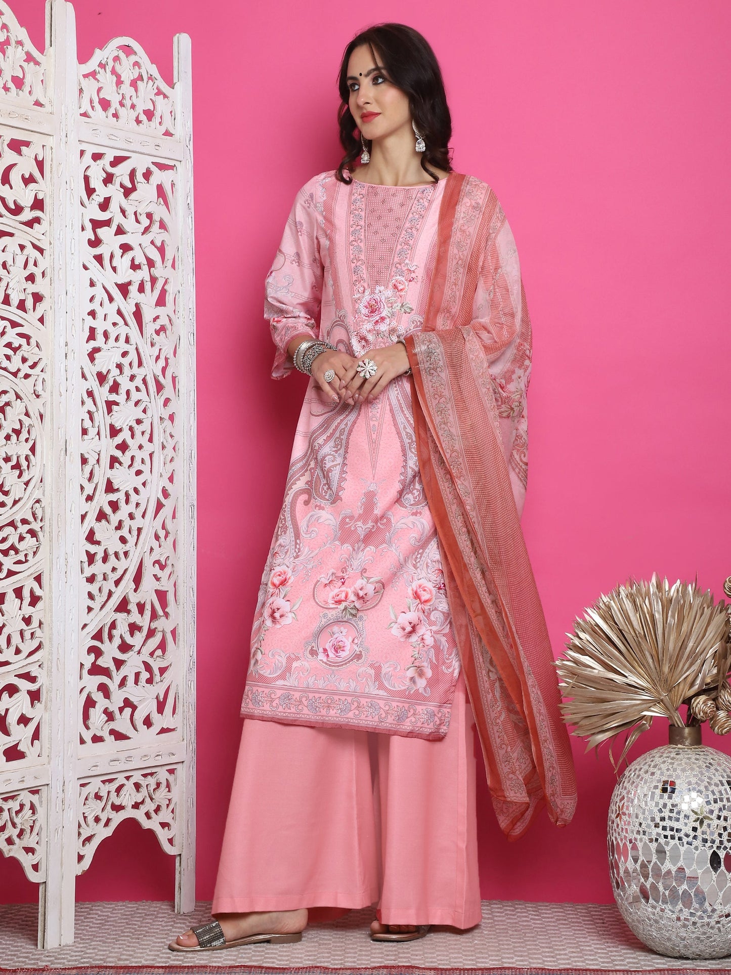 Jyoti Fashion Women's Pink Satin Traditional Digital Print with Crystal work Kurta with Trouser & Dupatta | Swadesiicart