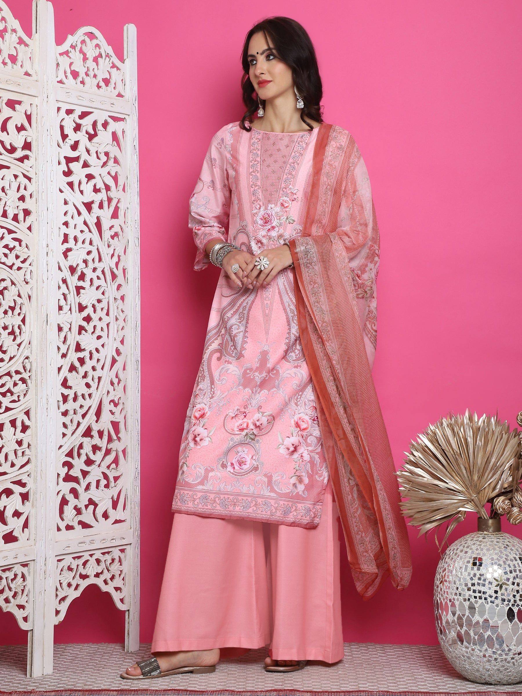 Jyoti Fashion Women's Pink Satin Traditional Digital Print with Crystal work Kurta with Trouser & Dupatta | Swadesiicart