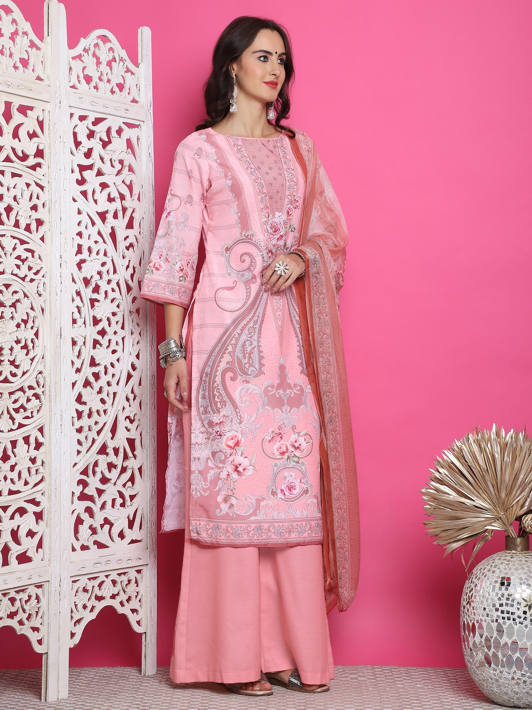 Jyoti Fashion Women's Pink Satin Traditional Digital Print with Crystal work Kurta with Trouser & Dupatta | Swadesiicart