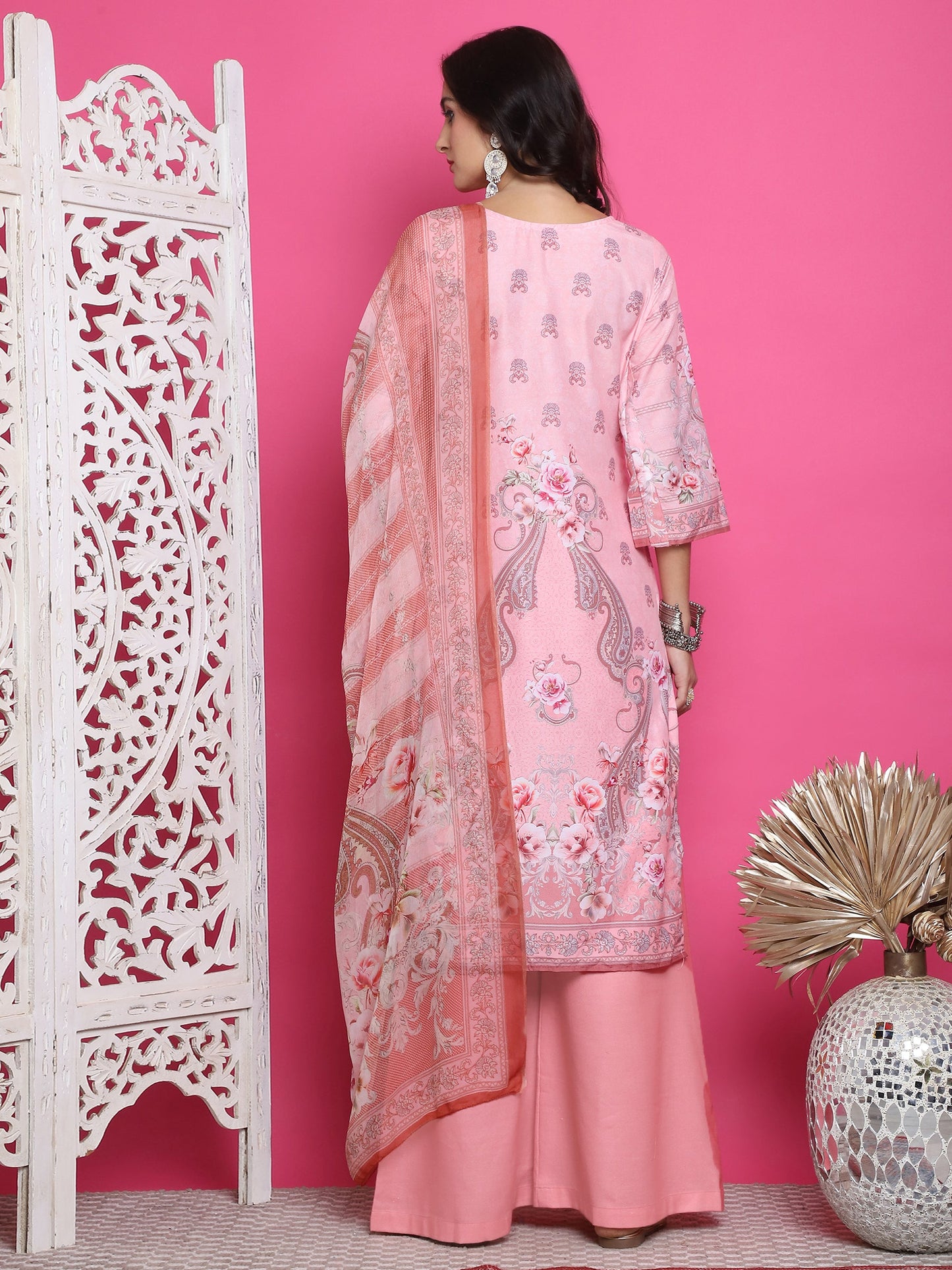 Jyoti Fashion Women's Pink Satin Traditional Digital Print with Crystal work Kurta with Trouser & Dupatta | Swadesiicart