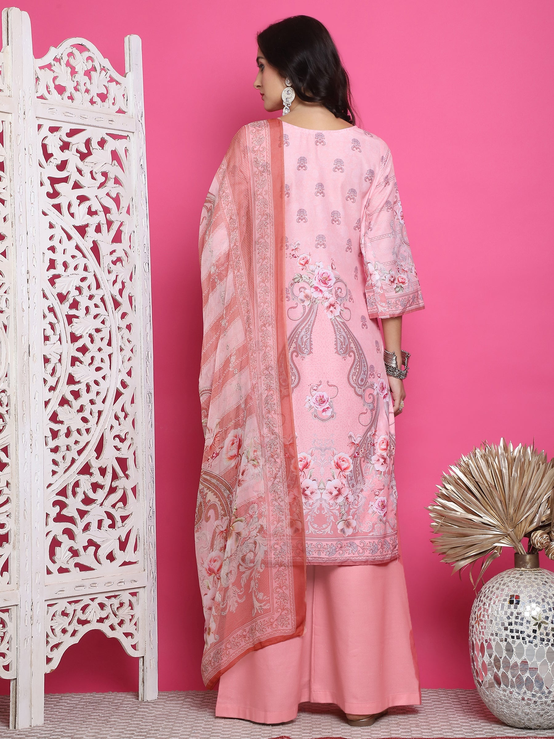 Jyoti Fashion Women's Pink Satin Traditional Digital Print with Crystal work Kurta with Trouser & Dupatta | Swadesiicart