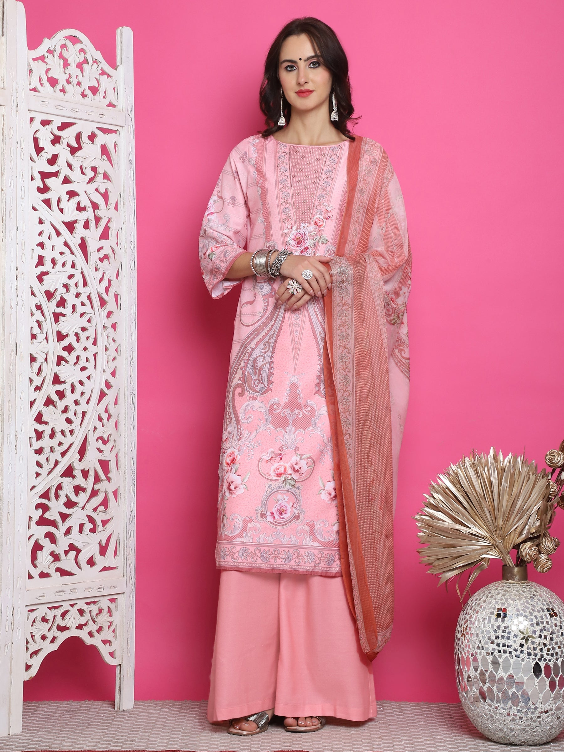 Jyoti Fashion Women's Pink Satin Traditional Digital Print with Crystal work Kurta with Trouser & Dupatta | Swadesiicart