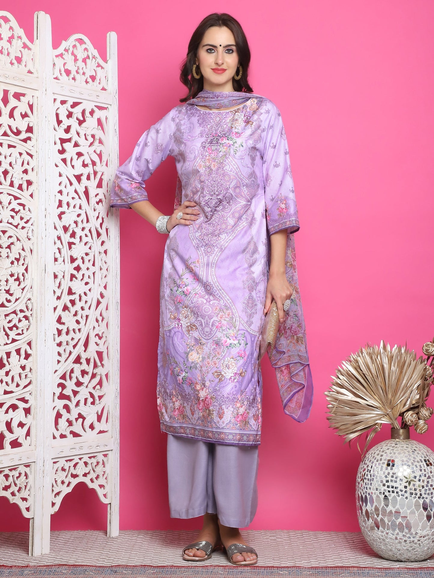 Jyoti Fashion Women's Lavender Satin Traditional Digital Print with Crystal work Kurta with Trouser & Dupatta | Swadesiicart