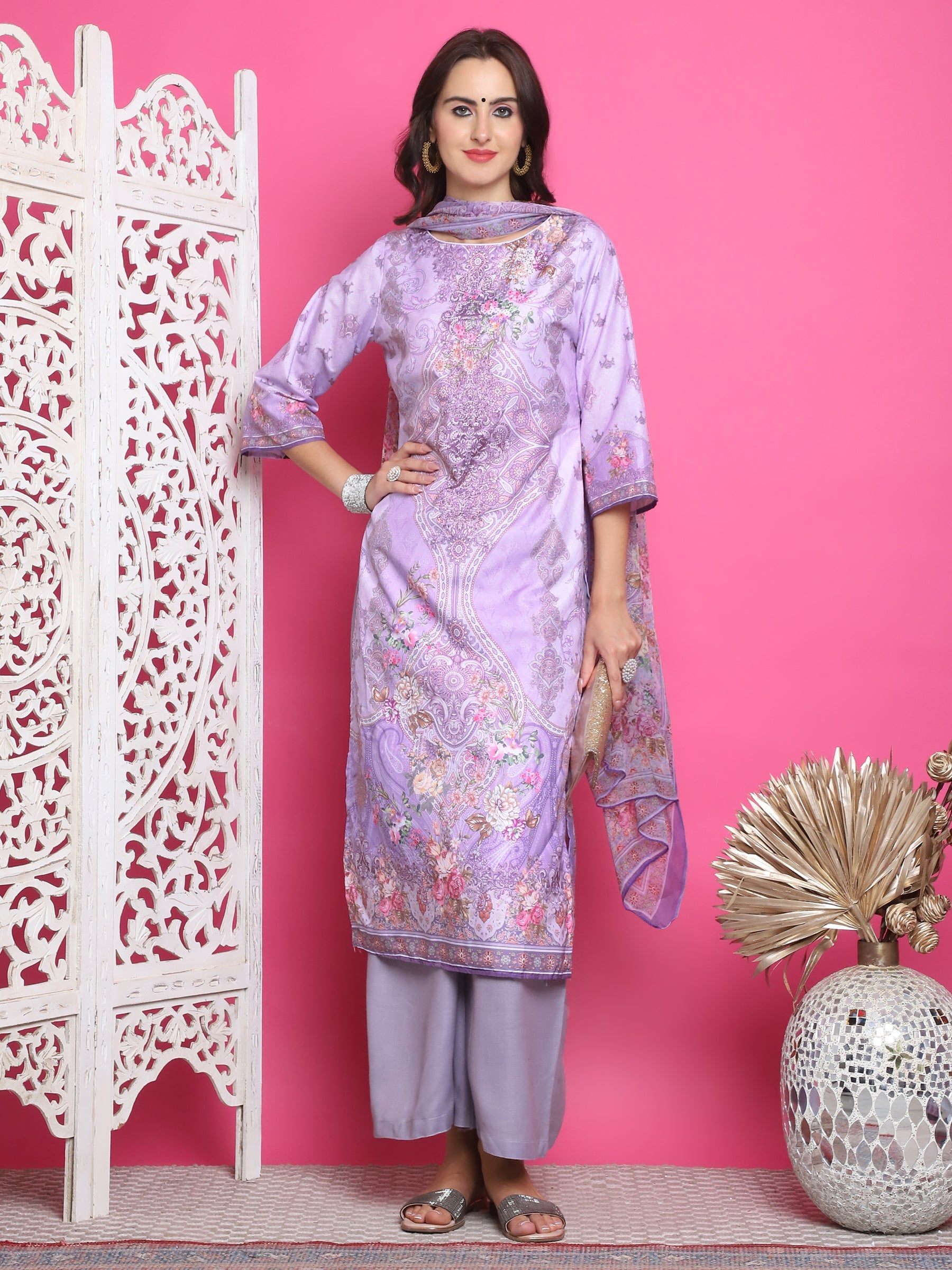 Jyoti Fashion Women's Lavender Satin Traditional Digital Print with Crystal work Kurta with Trouser & Dupatta | Swadesiicart