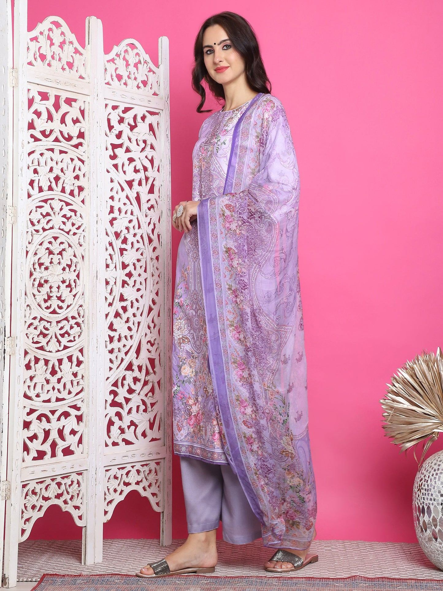 Jyoti Fashion Women's Lavender Satin Traditional Digital Print with Crystal work Kurta with Trouser & Dupatta | Swadesiicart