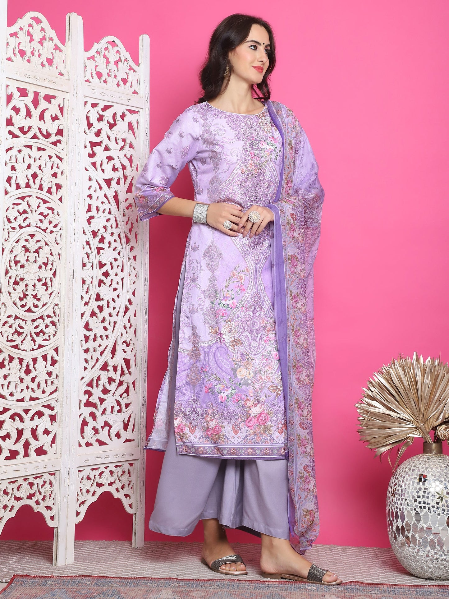 Jyoti Fashion Women's Lavender Satin Traditional Digital Print with Crystal work Kurta with Trouser & Dupatta | Swadesiicart