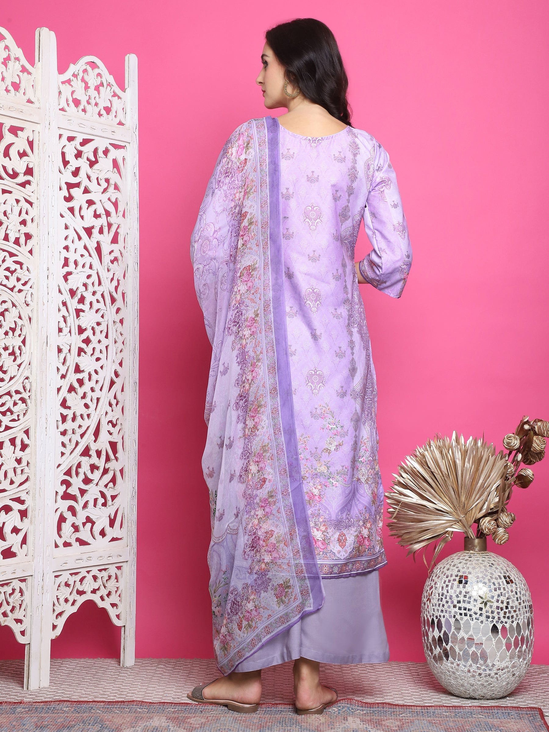 Jyoti Fashion Women's Lavender Satin Traditional Digital Print with Crystal work Kurta with Trouser & Dupatta | Swadesiicart