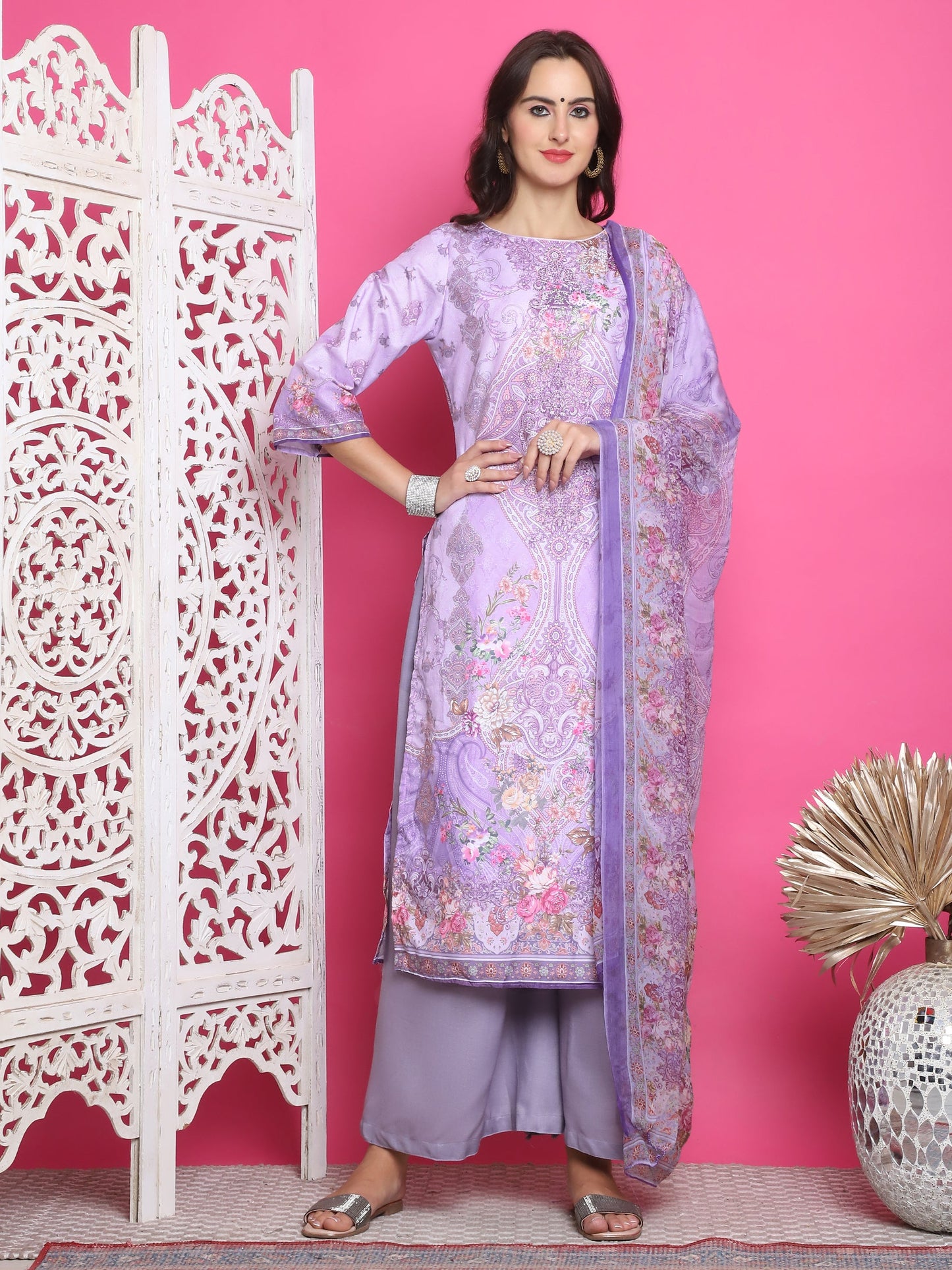 Jyoti Fashion Women's Lavender Satin Traditional Digital Print with Crystal work Kurta with Trouser & Dupatta | Swadesiicart