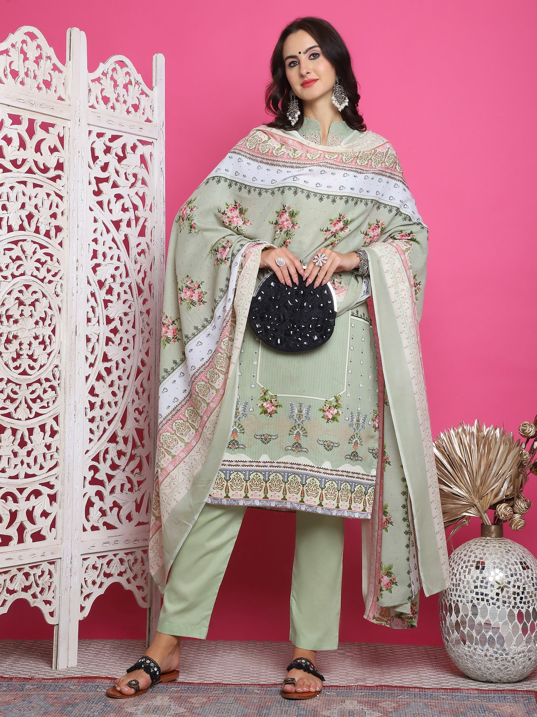 Jyoti Fashion Women's Green Cotton Floral Digital Print with Resham Thread Work Kurta with Trouser & Dupatta | Swadesiicart