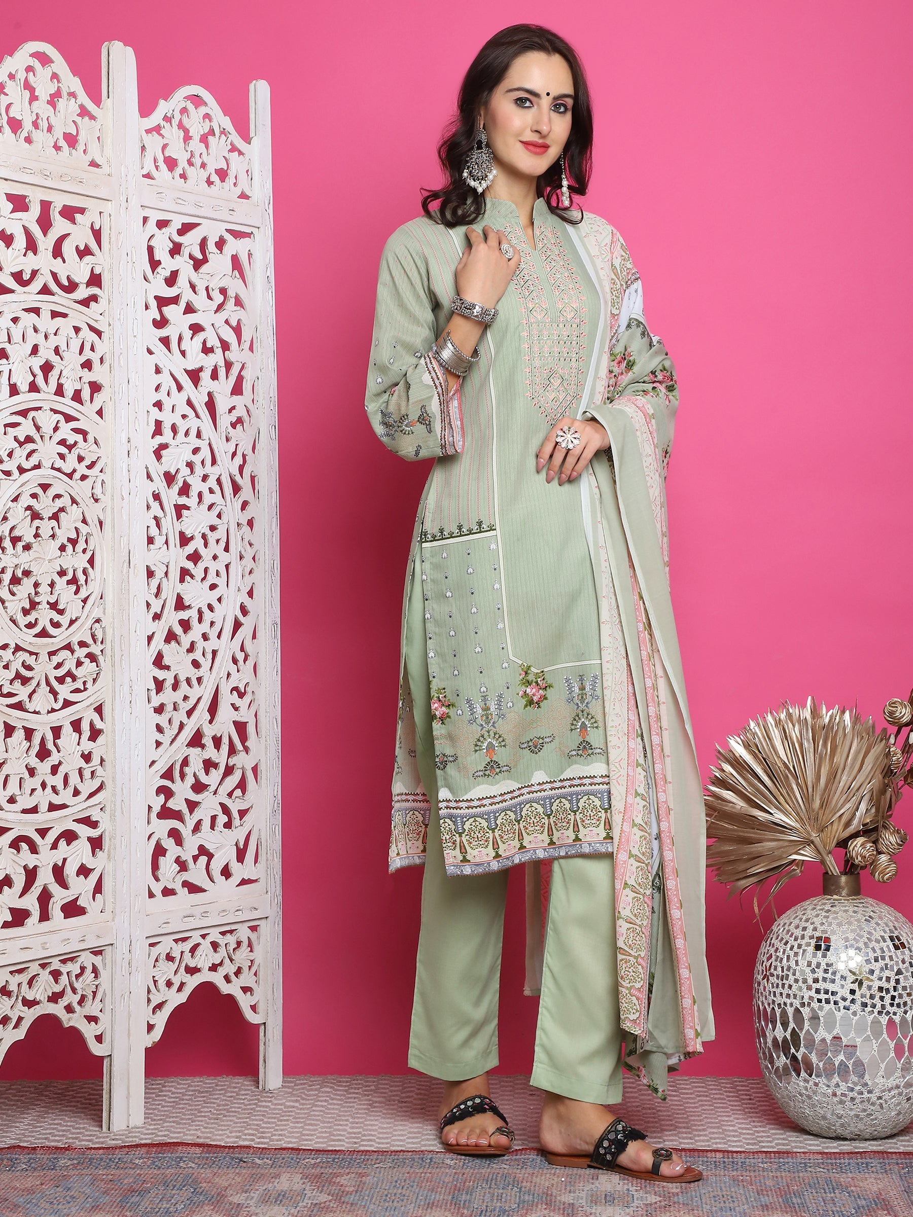 Jyoti Fashion Women's Green Cotton Floral Digital Print with Resham Thread Work Kurta with Trouser & Dupatta | Swadesiicart