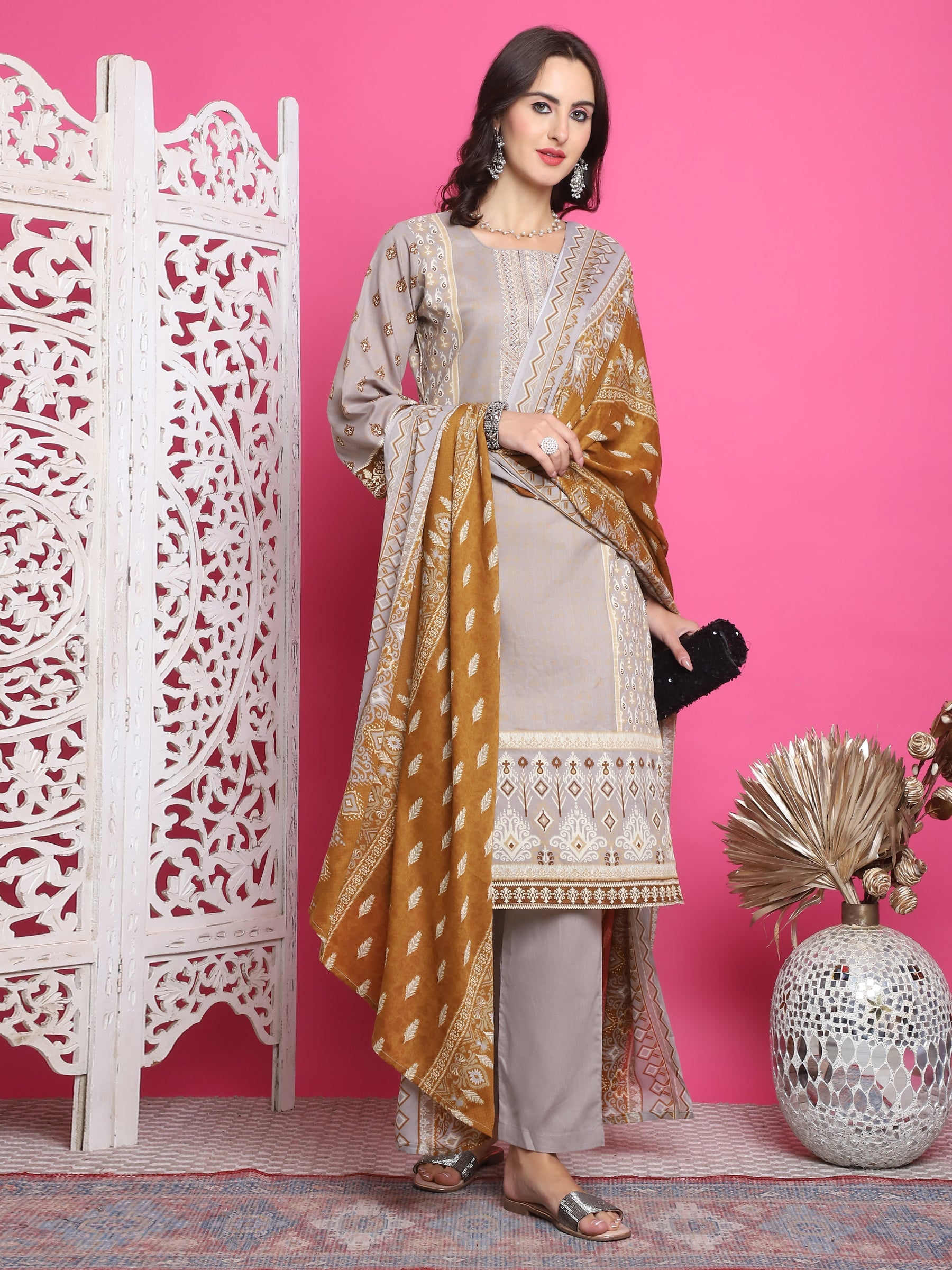 Jyoti Fashion Women's Grey Cotton Floral Digital Print with Resham Thread Work Kurta with Trouser & Dupatta | Swadesiicart