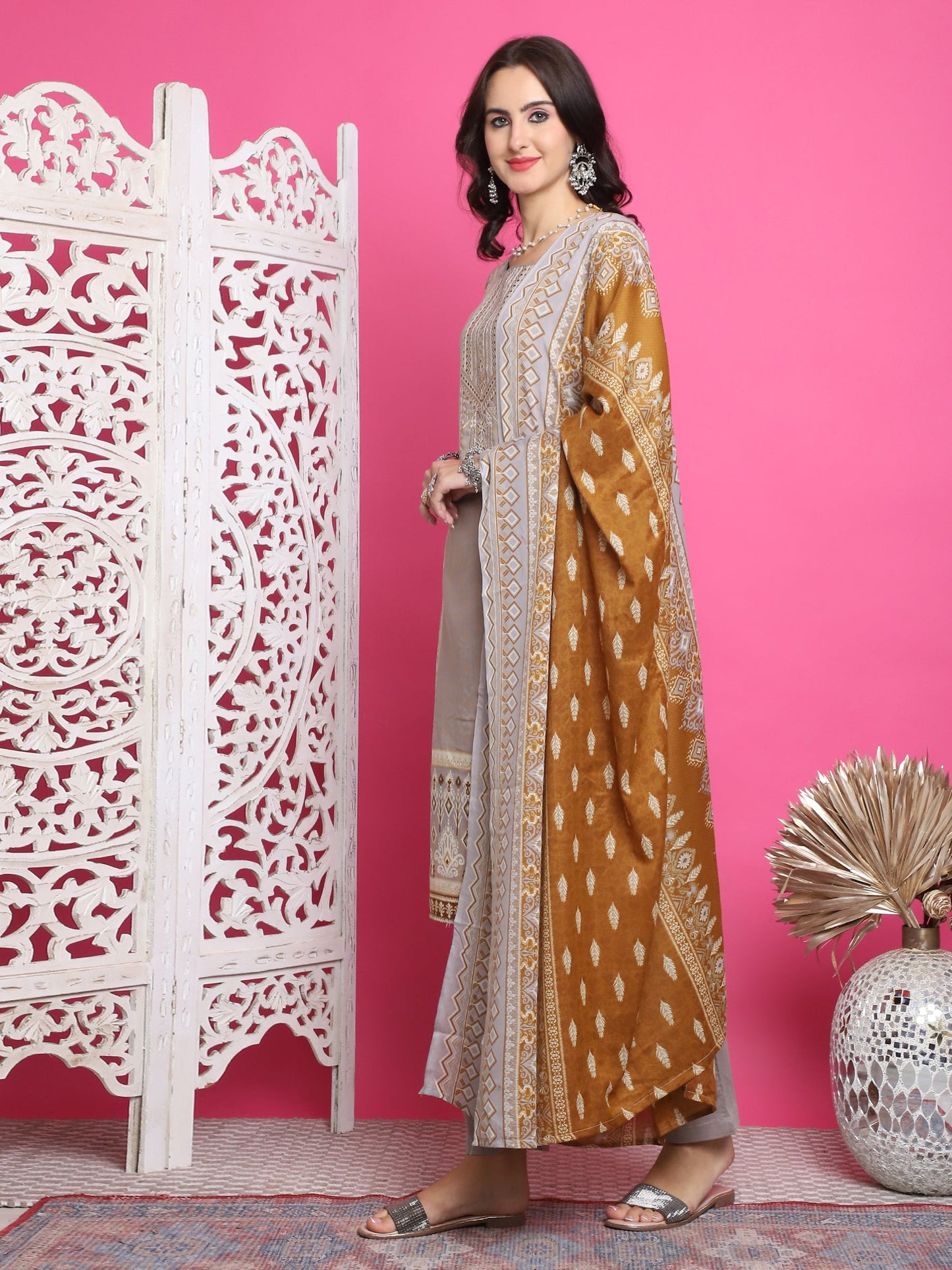 Jyoti Fashion Women's Grey Cotton Floral Digital Print with Resham Thread Work Kurta with Trouser & Dupatta | Swadesiicart