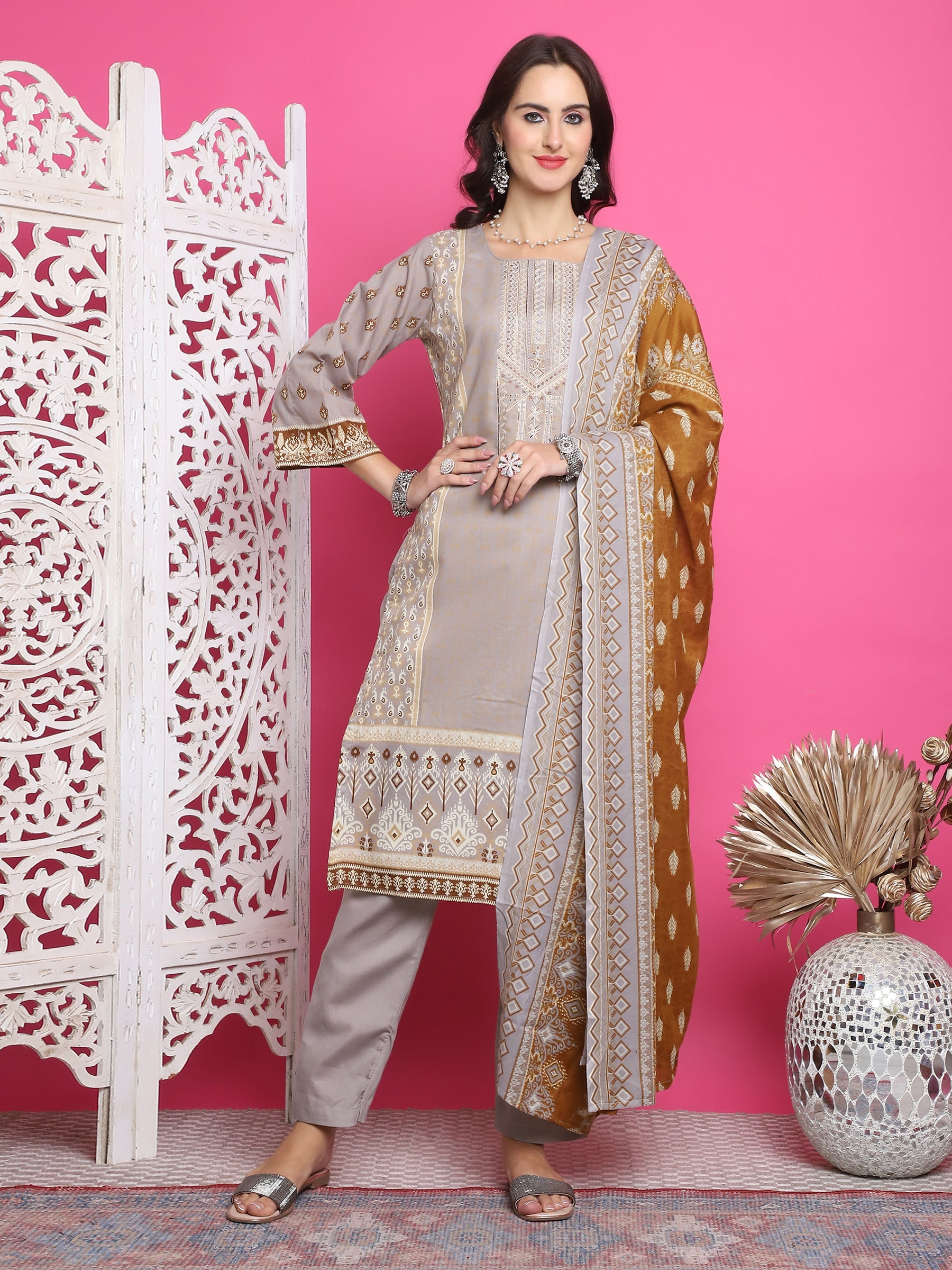 Jyoti Fashion Women's Grey Cotton Floral Digital Print with Resham Thread Work Kurta with Trouser & Dupatta | Swadesiicart