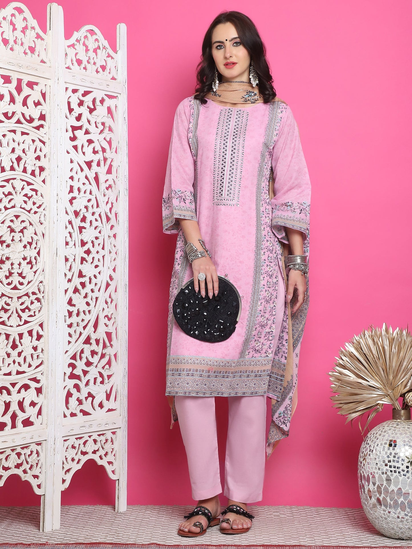 Jyoti Fashion Women's Pink Cotton Floral Digital Print with Resham Thread Work Kurta with Trouser & Dupatta | Swadesiicart