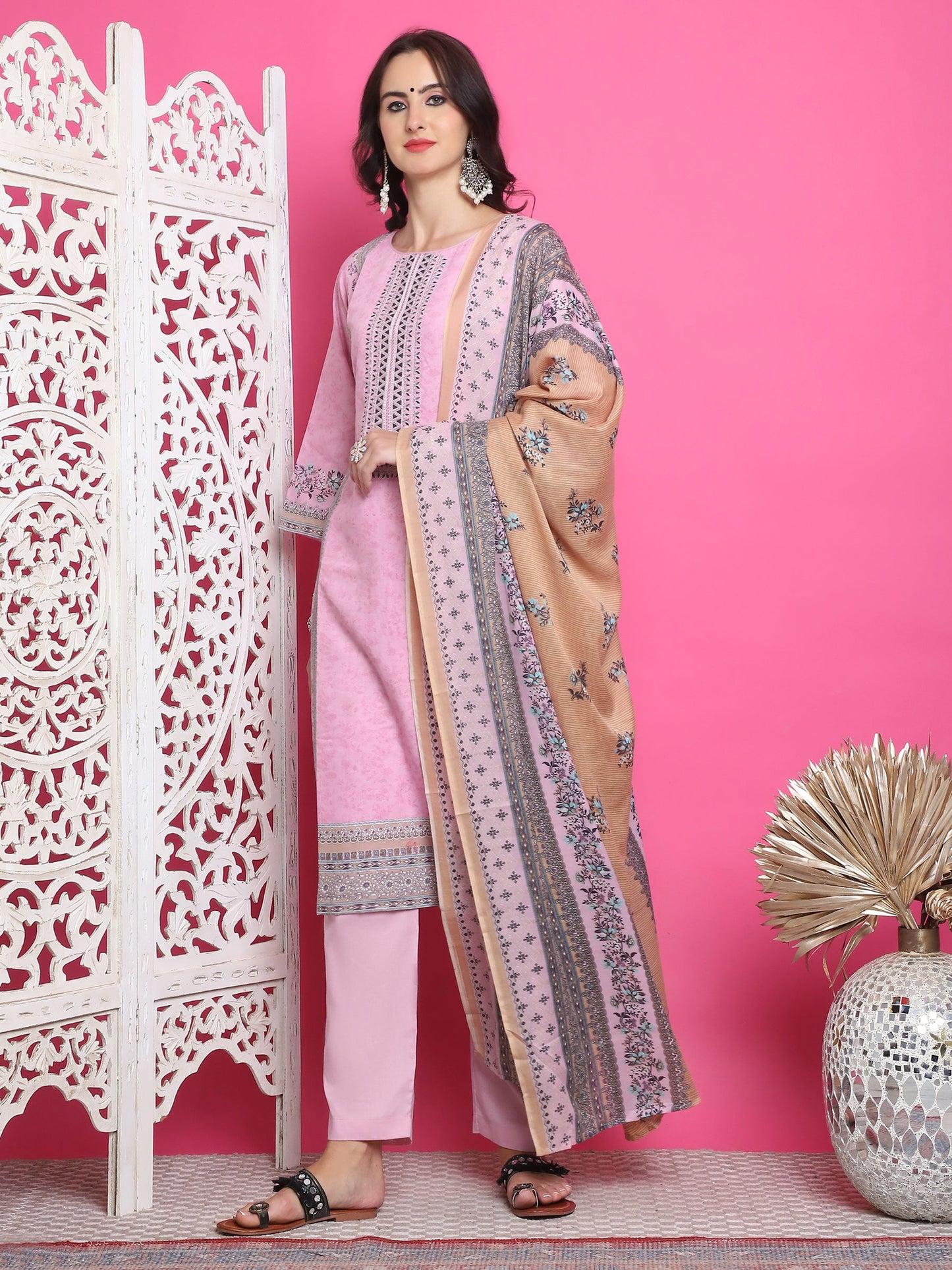 Jyoti Fashion Women's Pink Cotton Floral Digital Print with Resham Thread Work Kurta with Trouser & Dupatta | Swadesiicart