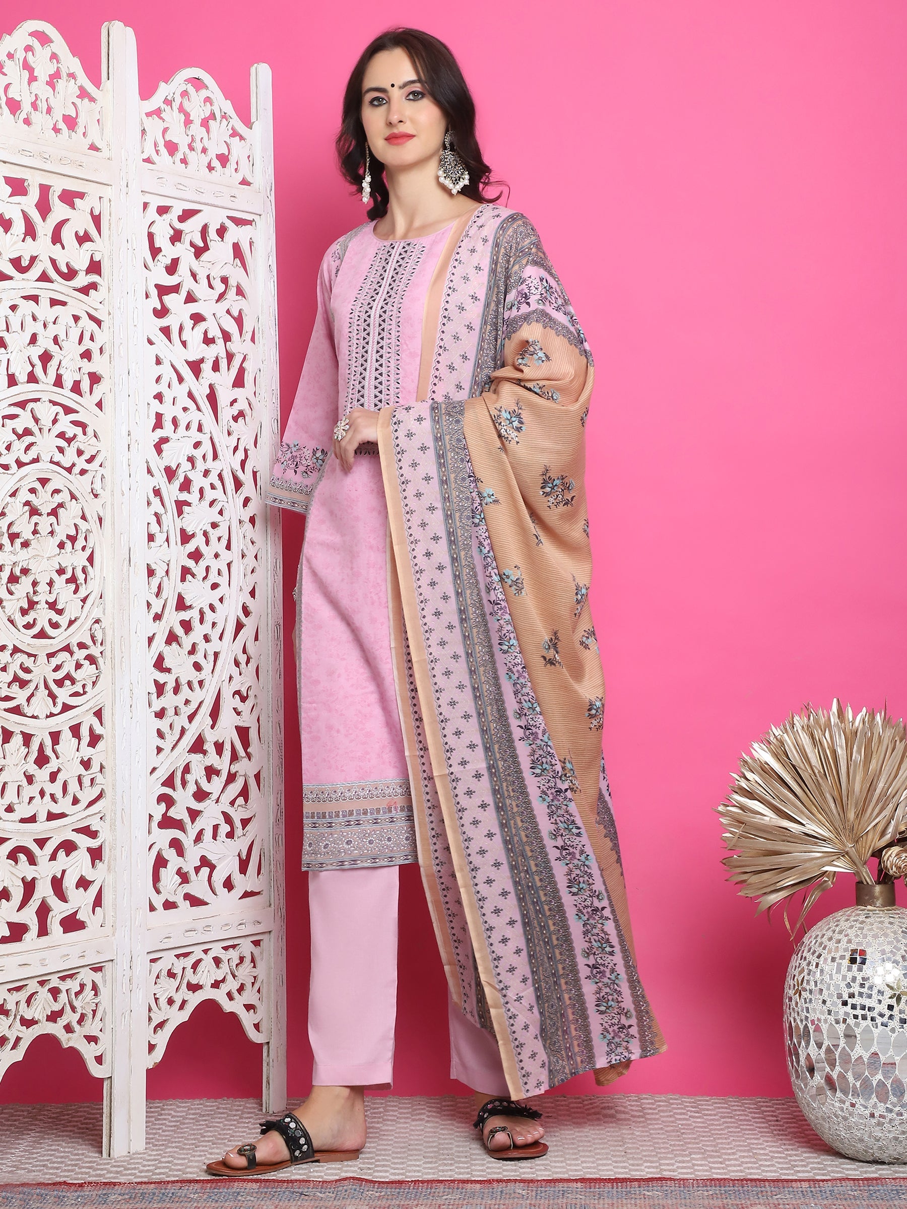 Jyoti Fashion Women's Pink Cotton Floral Digital Print with Resham Thread Work Kurta with Trouser & Dupatta | Swadesiicart