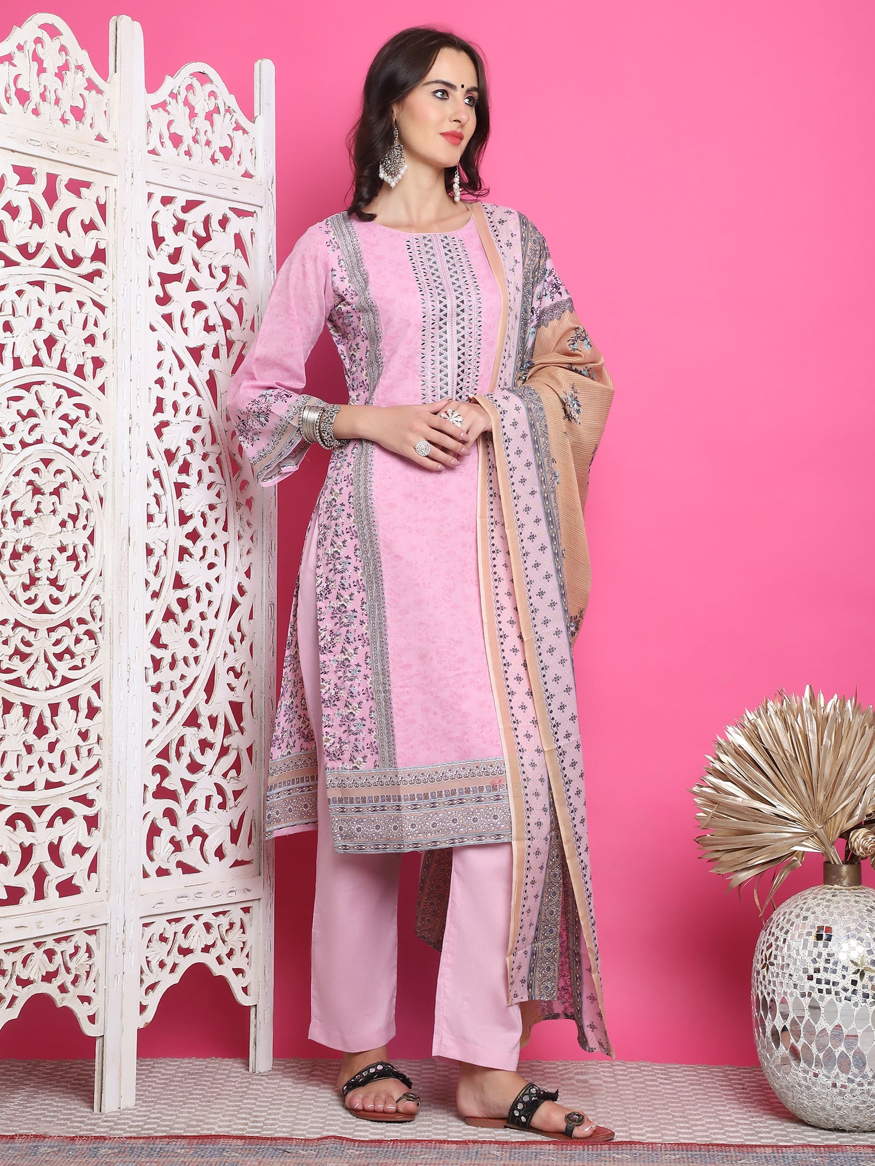 Jyoti Fashion Women's Pink Cotton Floral Digital Print with Resham Thread Work Kurta with Trouser & Dupatta | Swadesiicart
