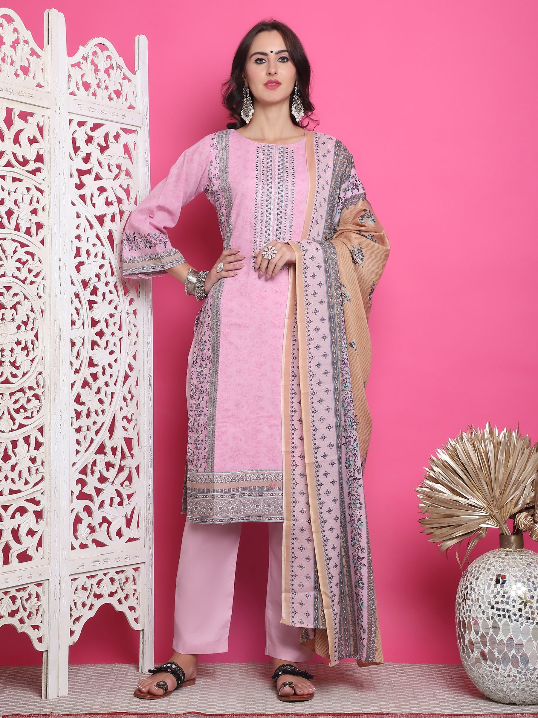 Jyoti Fashion Women's Pink Cotton Floral Digital Print with Resham Thread Work Kurta with Trouser & Dupatta | Swadesiicart