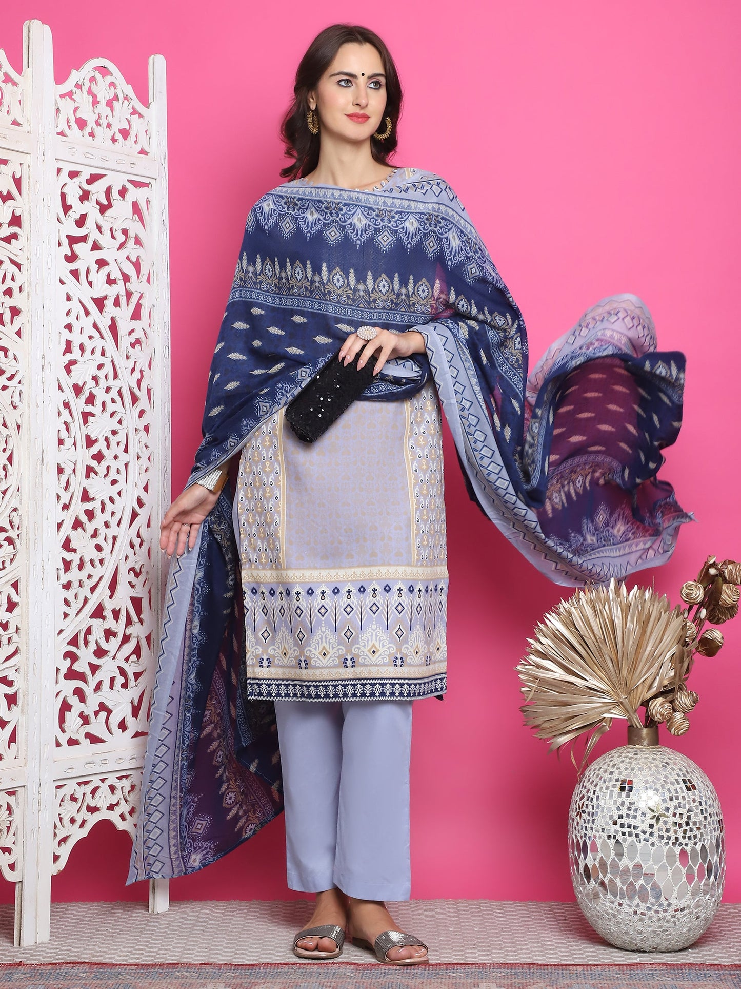 Jyoti Fashion Women's Sky Blue Cotton Floral Digital Print with Resham Thread Work Kurta with Trouser & Dupatta | Swadesiicart