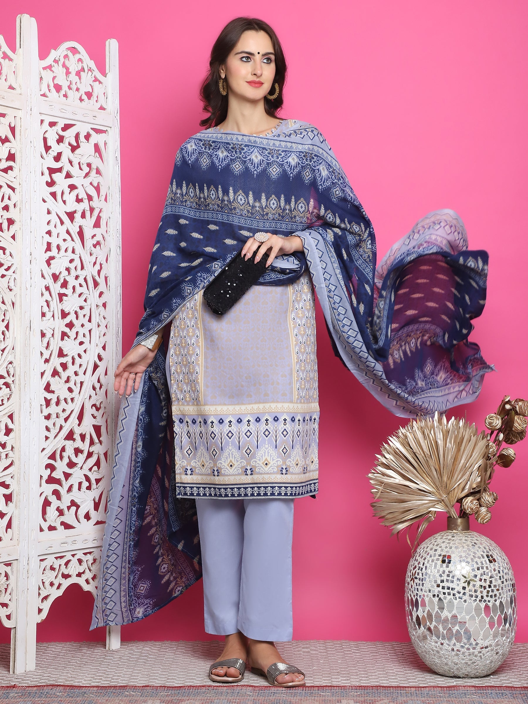 Jyoti Fashion Women's Sky Blue Cotton Floral Digital Print with Resham Thread Work Kurta with Trouser & Dupatta | Swadesiicart