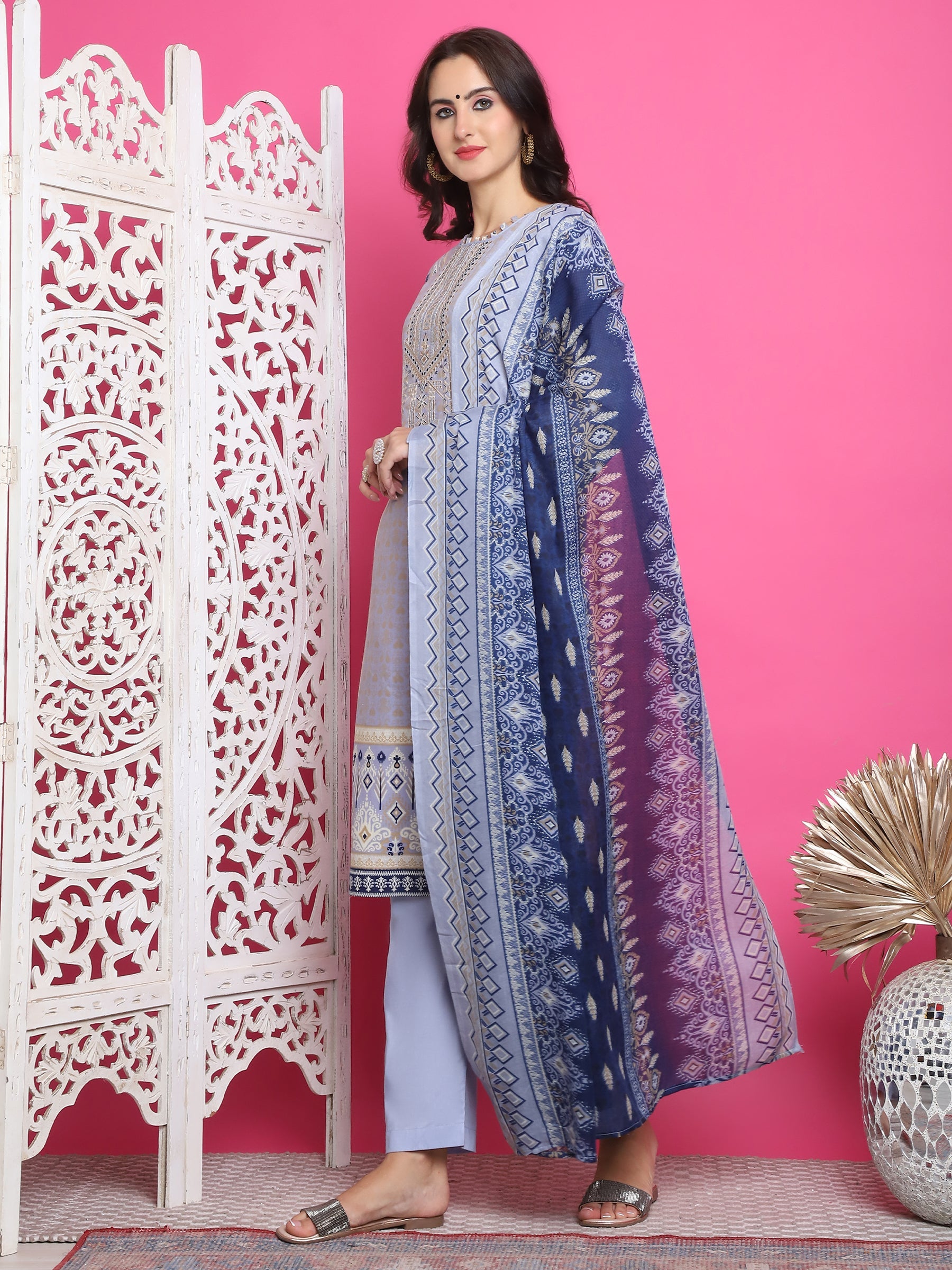 Jyoti Fashion Women's Sky Blue Cotton Floral Digital Print with Resham Thread Work Kurta with Trouser & Dupatta | Swadesiicart
