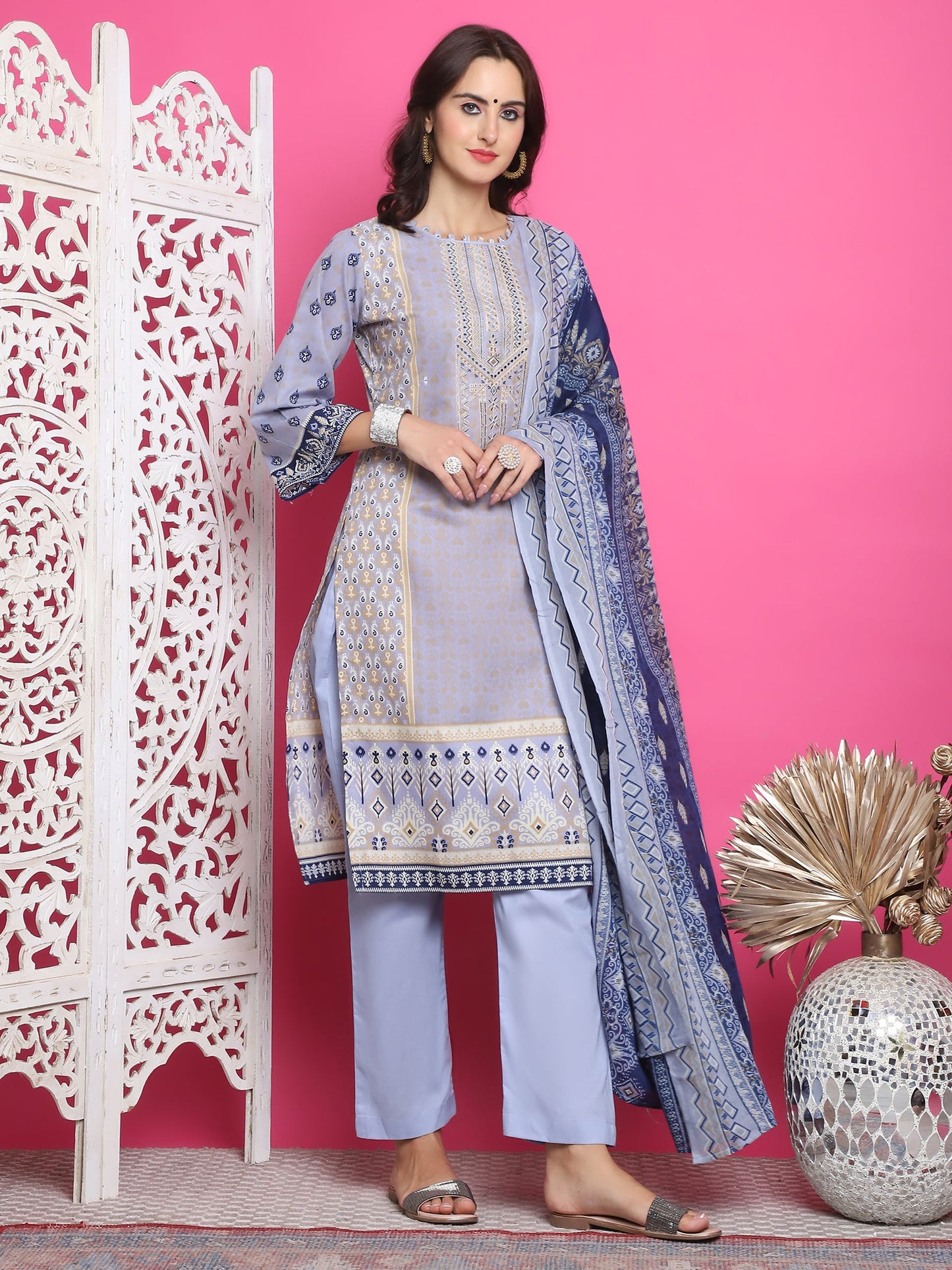 Jyoti Fashion Women's Sky Blue Cotton Floral Digital Print with Resham Thread Work Kurta with Trouser & Dupatta | Swadesiicart