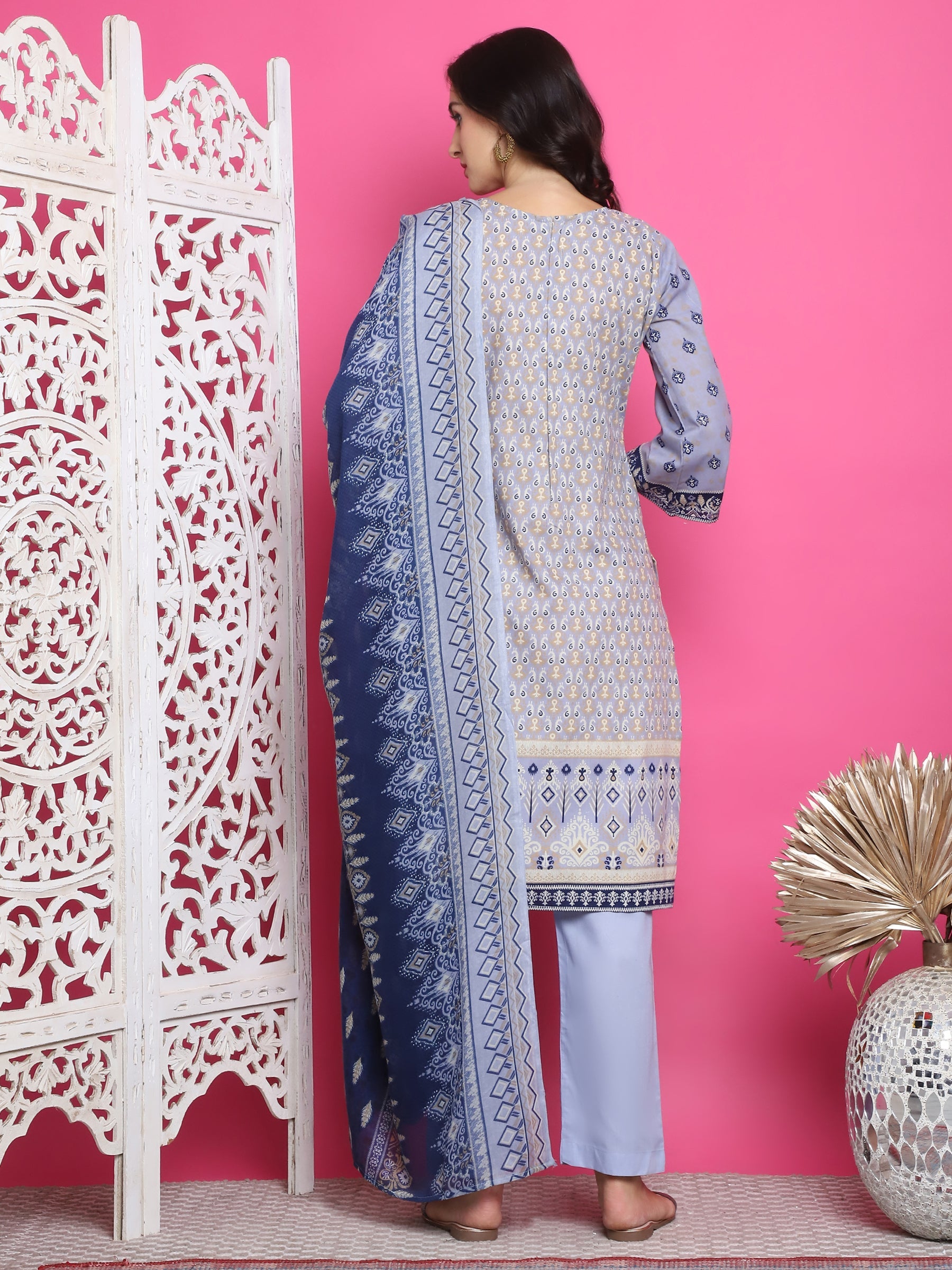 Jyoti Fashion Women's Sky Blue Cotton Floral Digital Print with Resham Thread Work Kurta with Trouser & Dupatta | Swadesiicart