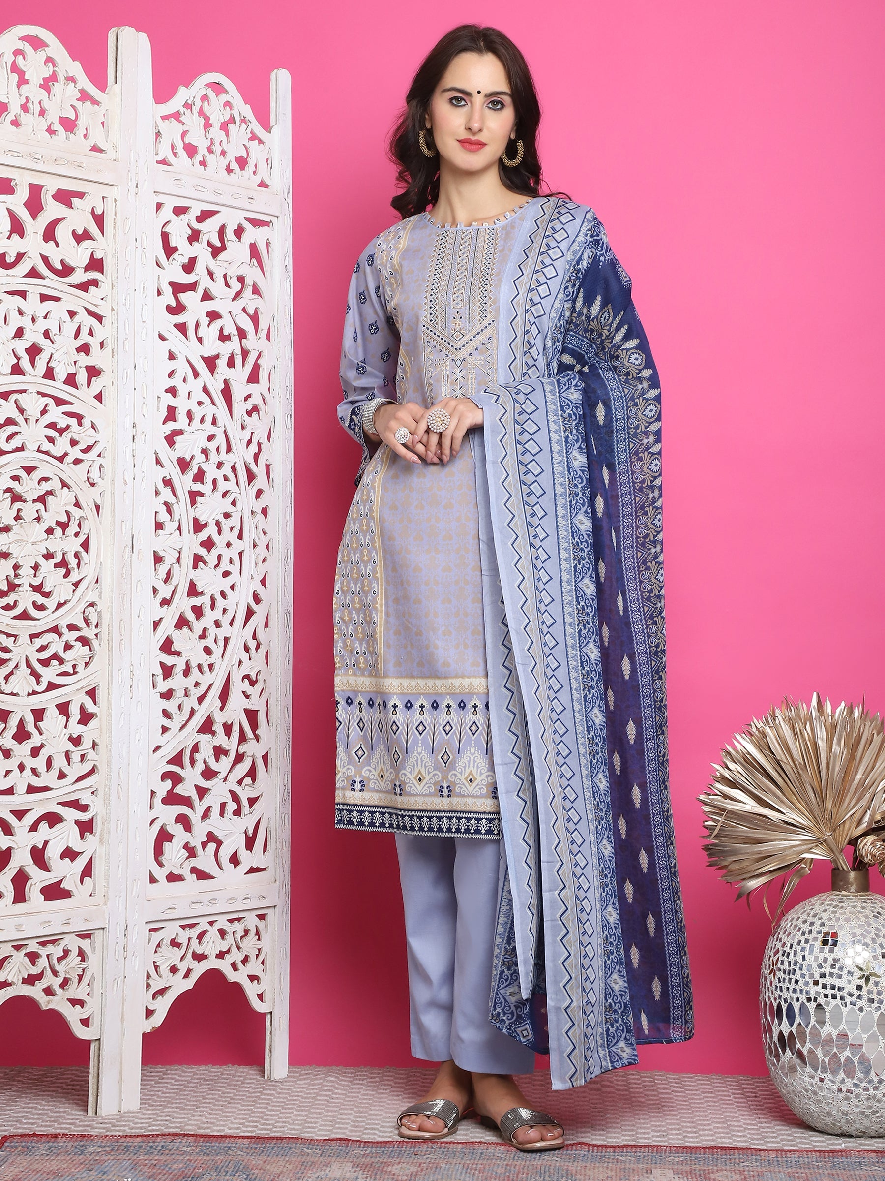 Jyoti Fashion Women's Sky Blue Cotton Floral Digital Print with Resham Thread Work Kurta with Trouser & Dupatta | Swadesiicart